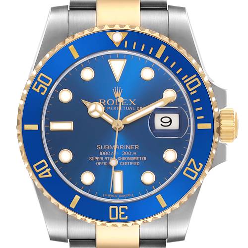 This image shows a front view of the Rolex Submariner 116613 Men's Steel and Gold (two tone) Blue Dial watch, displaying the bezel, dial, crown, and part of the bracelet.