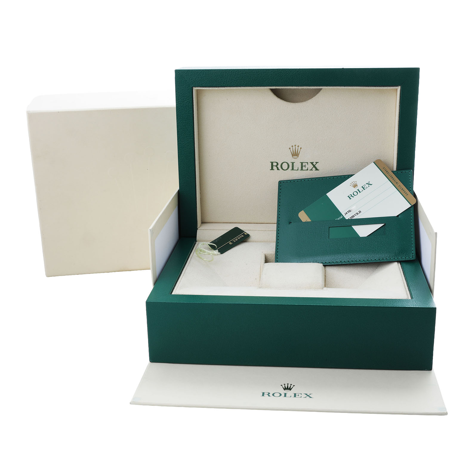 The image shows the packaging and accessories, including a box, tag, and documents, for a Rolex Submariner 116613 Men's Steel and Gold (two tone) Blue Dial watch.