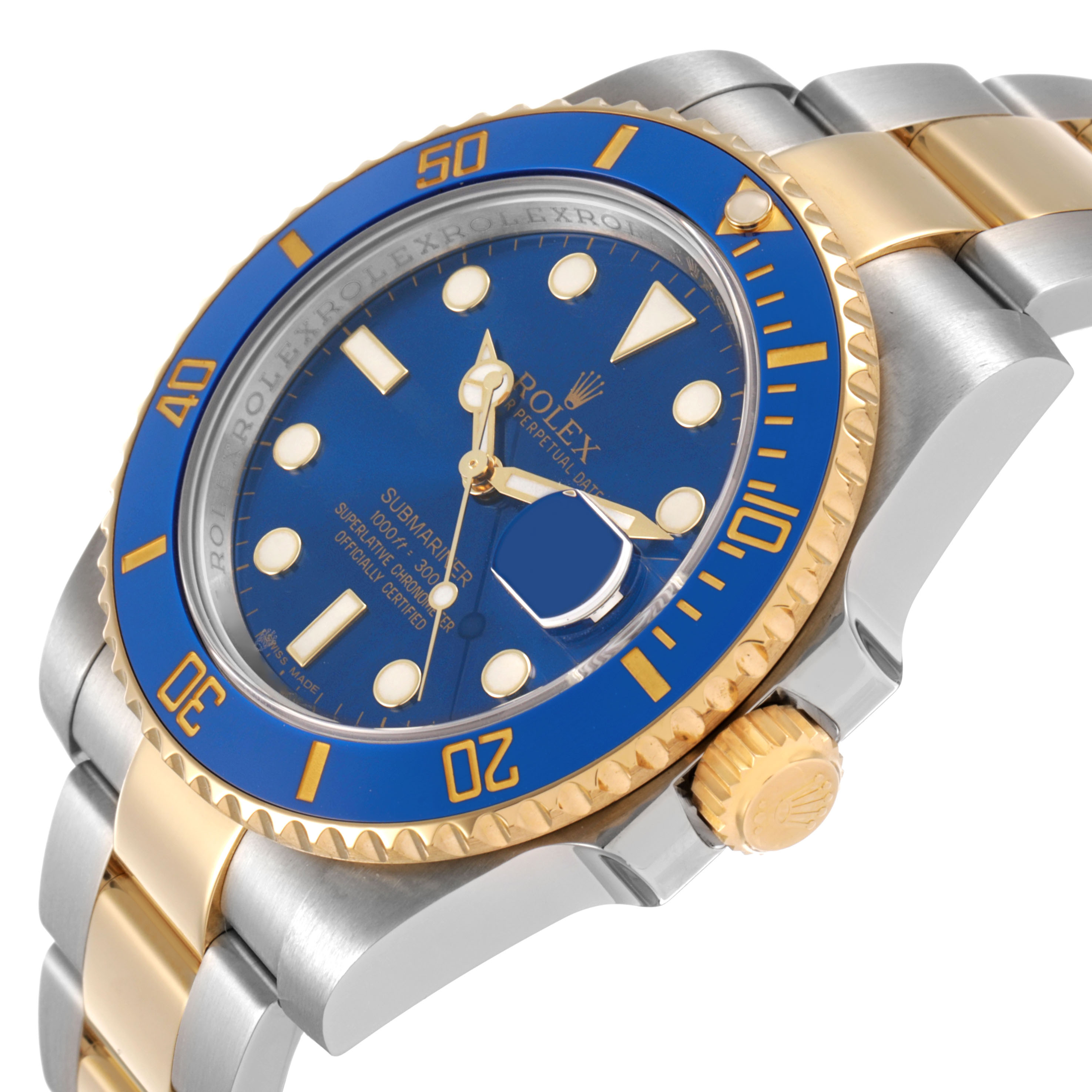 The Rolex Submariner 116613 Men's Steel and Gold (two tone) Blue Dial is shown at a slightly angled side view, featuring its blue dial, blue and gold bezel, and two-tone bracelet.