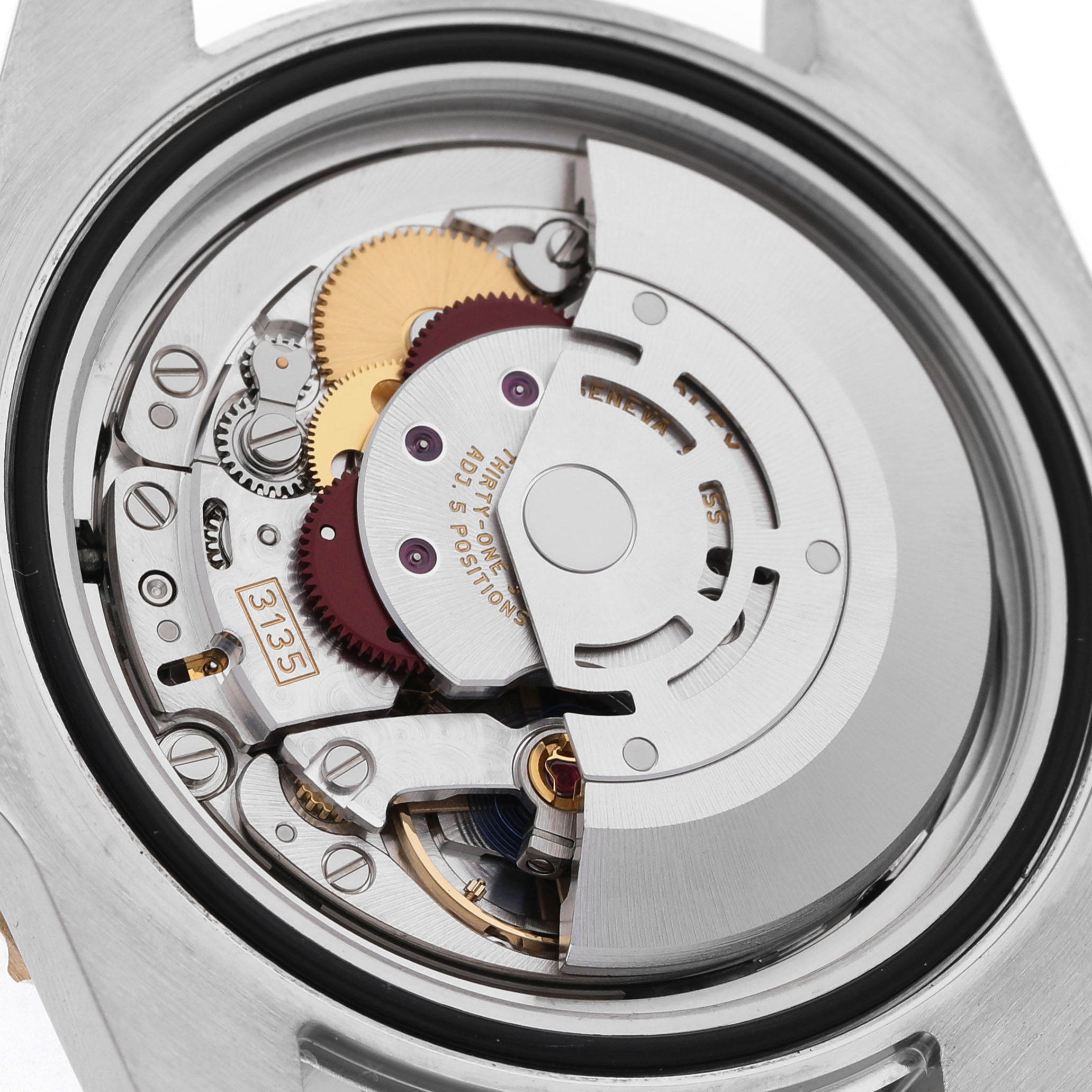 The image shows the back view of a Rolex Submariner 116613 Men's Steel and Gold (two tone) Blue Dial's movement, highlighting gears and the rotor mechanism.