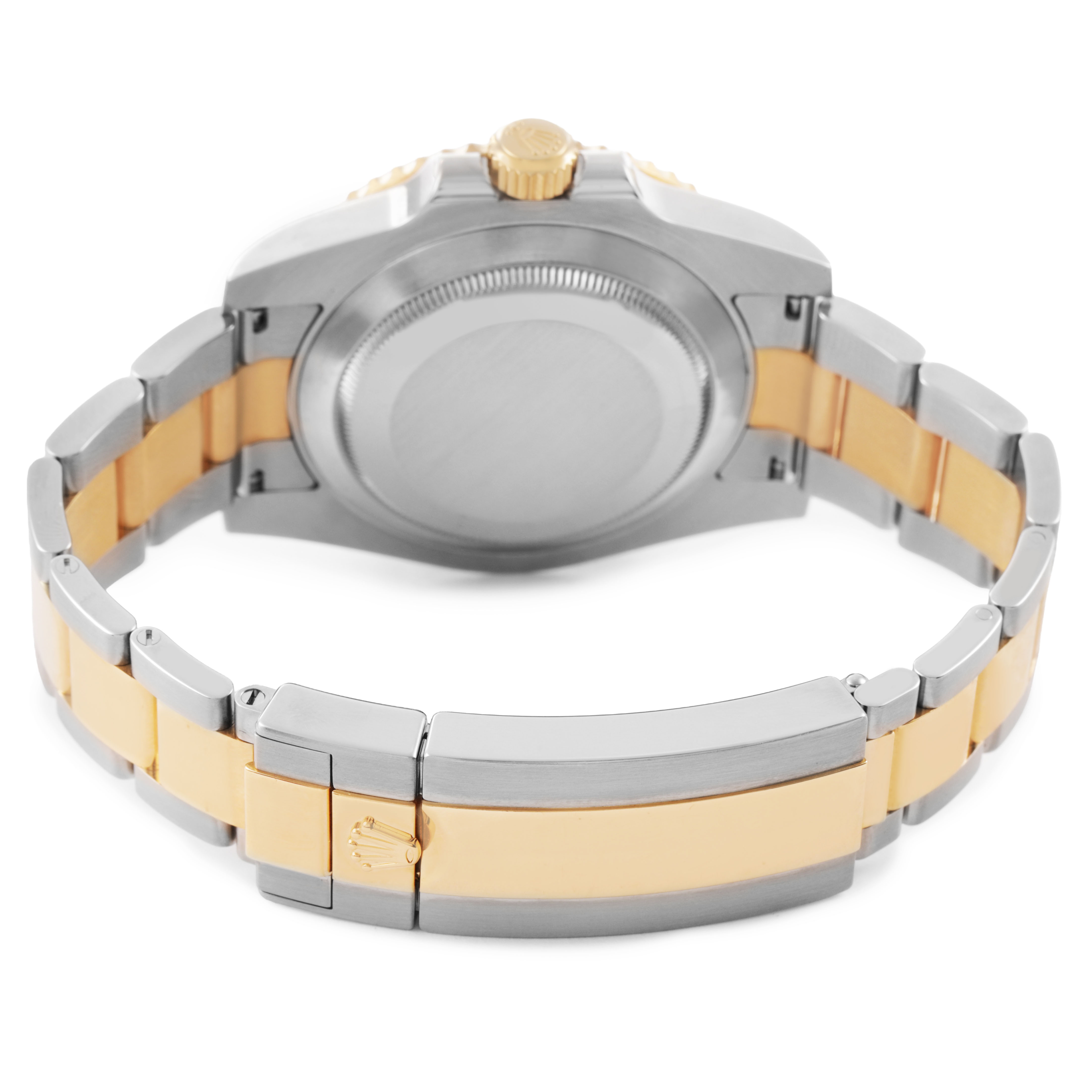 The image shows a Rolex Submariner 116613 Men's Steel and Gold (two tone) Blue Dial from the back, featuring the bracelet and clasp with gold and silver tones.