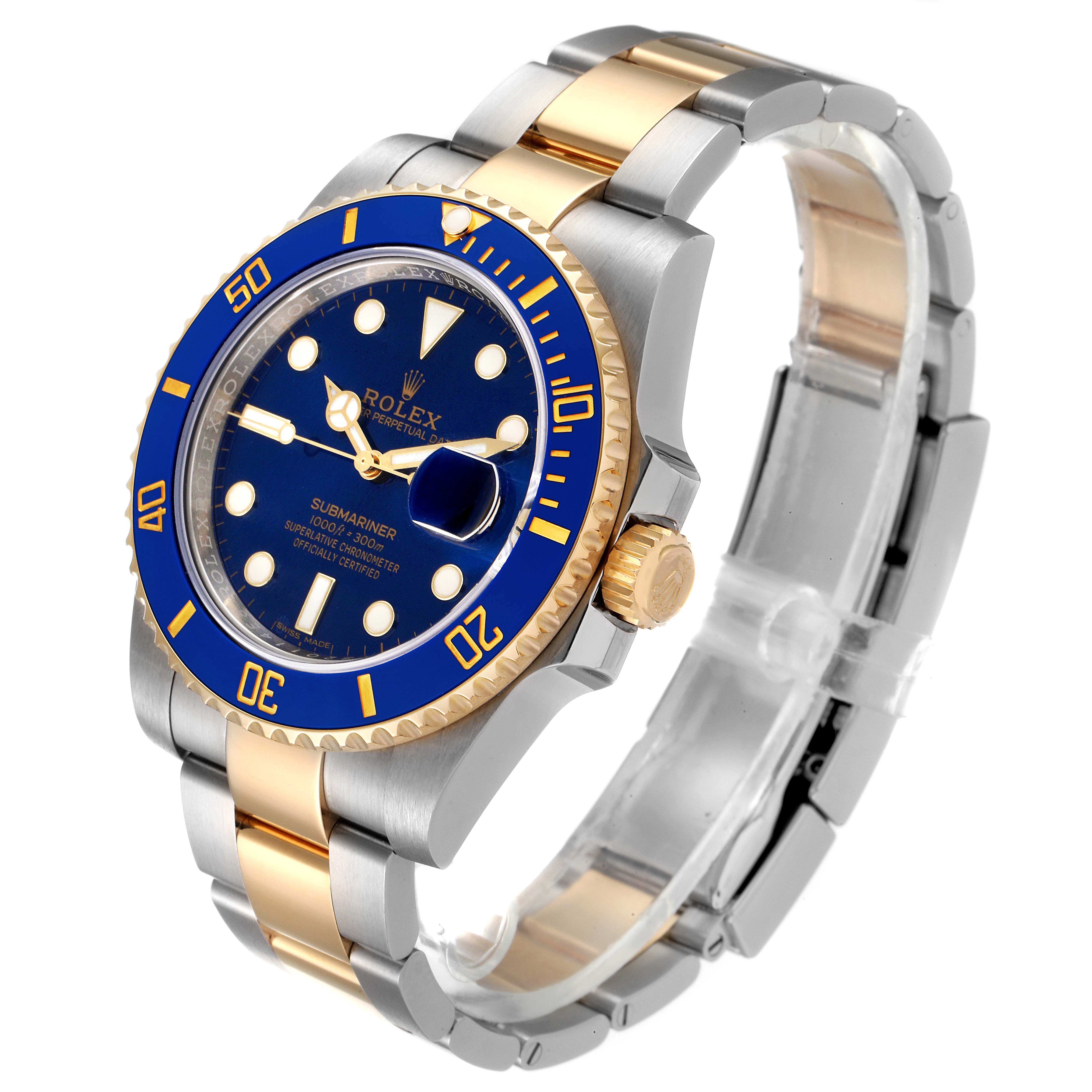 The Rolex Submariner 116613 Men's Steel and Gold (two tone) Blue Dial 116613 Men's Steel and Gold (two tone) Blue Dial watch is shown at a three-quarter angle, displaying the dial, bezel, crown, and bracelet.