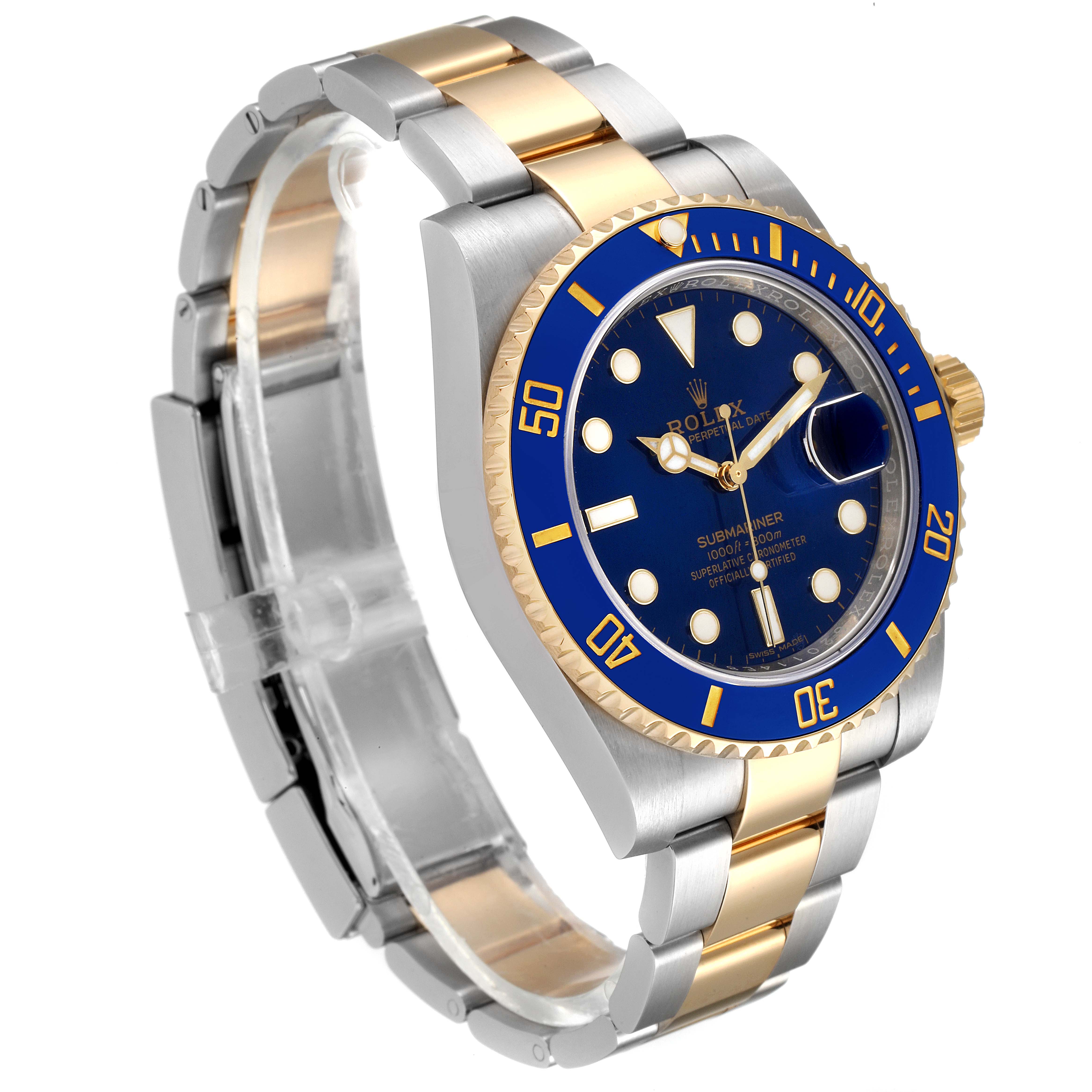 The image shows a Rolex Submariner 116613 Men's Steel and Gold (two tone) Blue Dial 116613 Men's Steel and Gold (two tone) Blue Dial watch from an angled side view, displaying its blue bezel, blue dial, and two-tone metal bracelet.