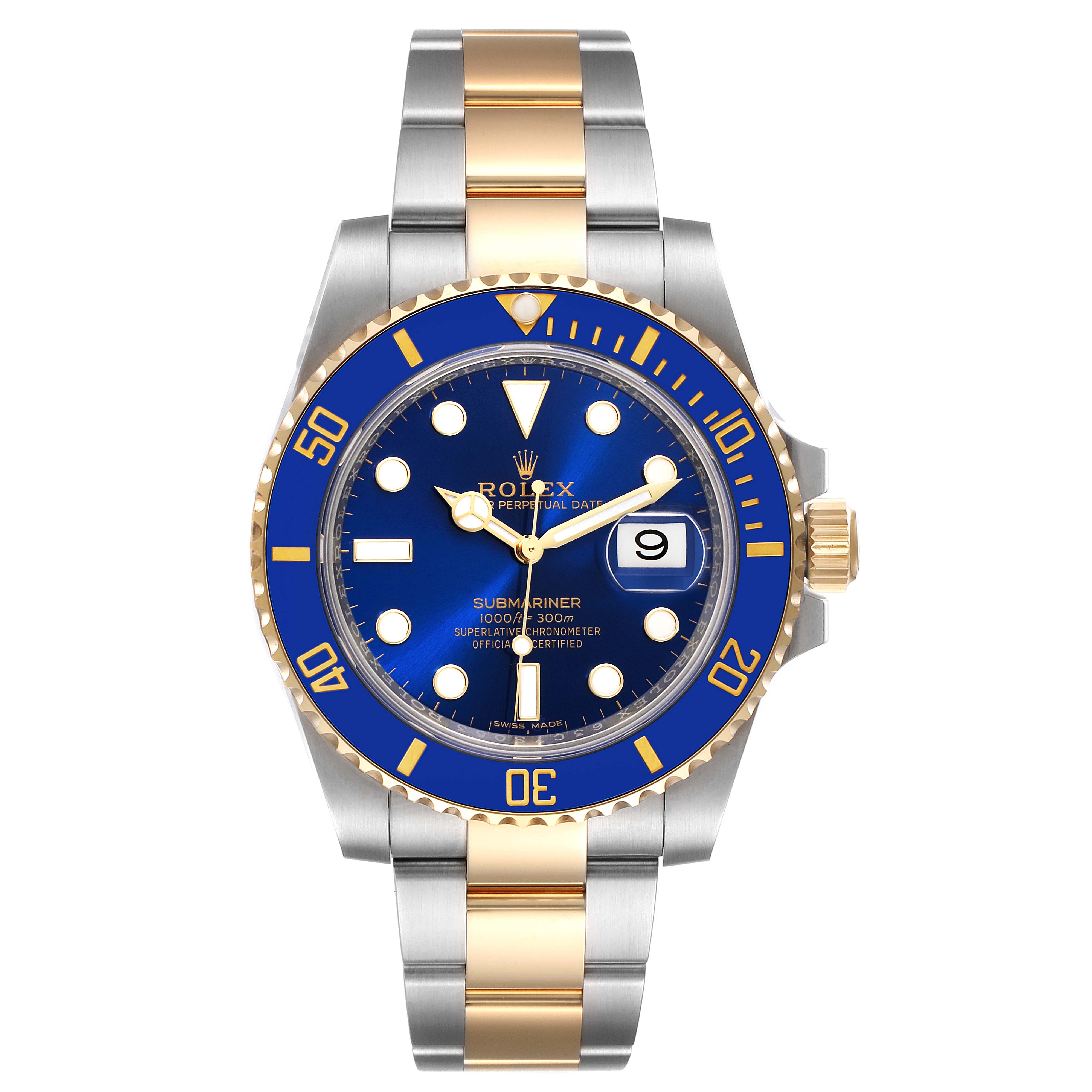 This image showcases a Rolex Submariner 116613 Men's Steel and Gold (two tone) Blue Dial 116613 Men's Steel and Gold (two tone) Blue Dial watch from a front angle, highlighting its blue dial, date display, and two-tone metal bracelet.