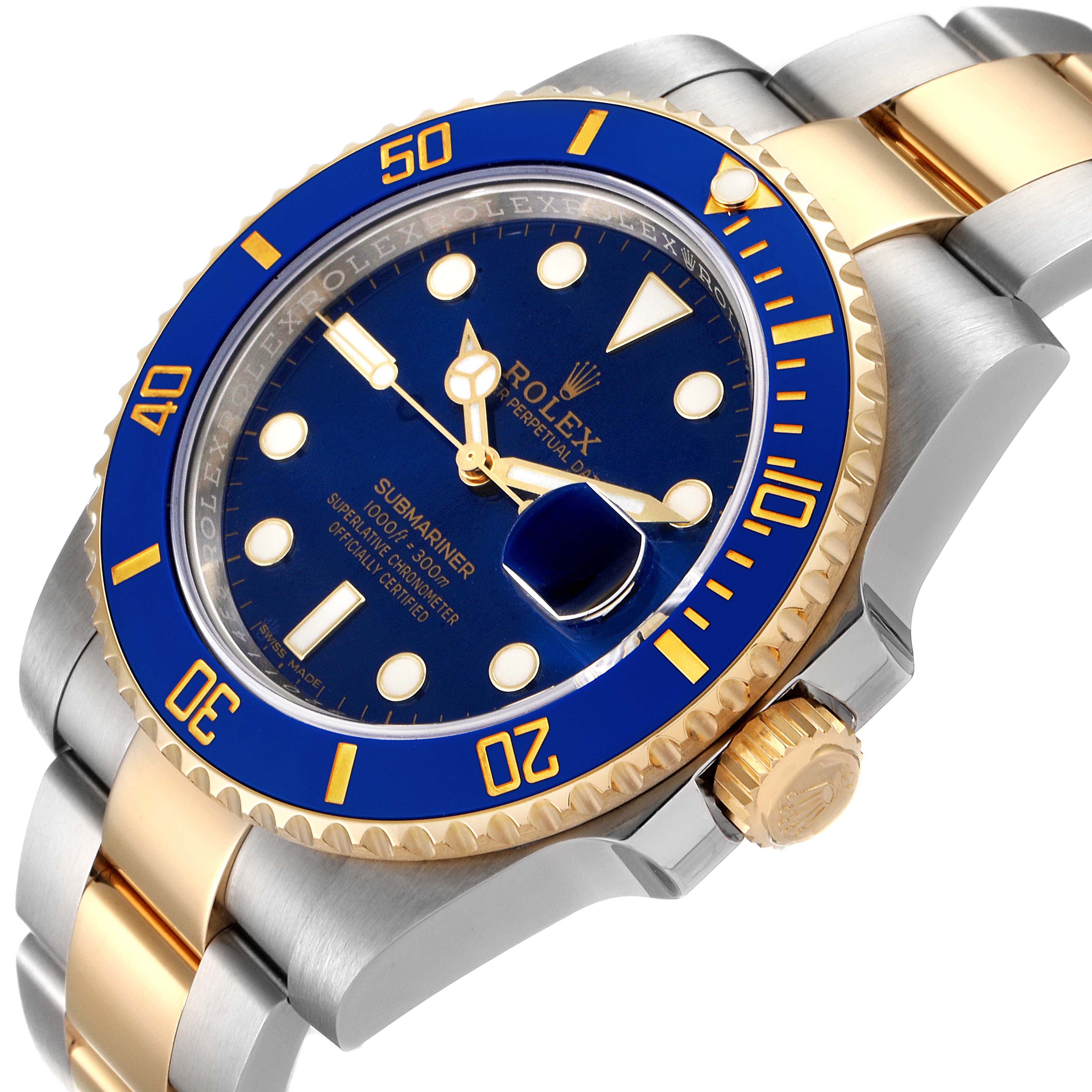 This image shows a close-up angle of a Rolex Submariner 116613 Men's Steel and Gold (two tone) Blue Dial 116613 Men's Steel and Gold (two tone) Blue Dial watch, featuring its blue dial, bezel, and two-tone bracelet.