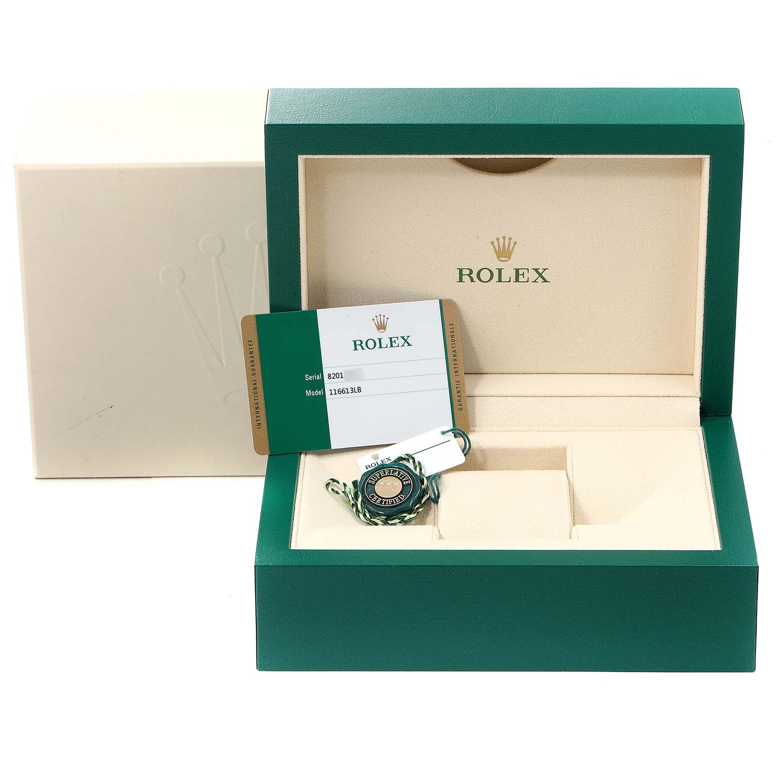 The image shows the green and beige Rolex Submariner 116613 Men's Steel and Gold (two tone) Blue Dial 116613 Men's Steel and Gold (two tone) Blue Dial box and accessories including a tag and authentication card for model 116613LB.