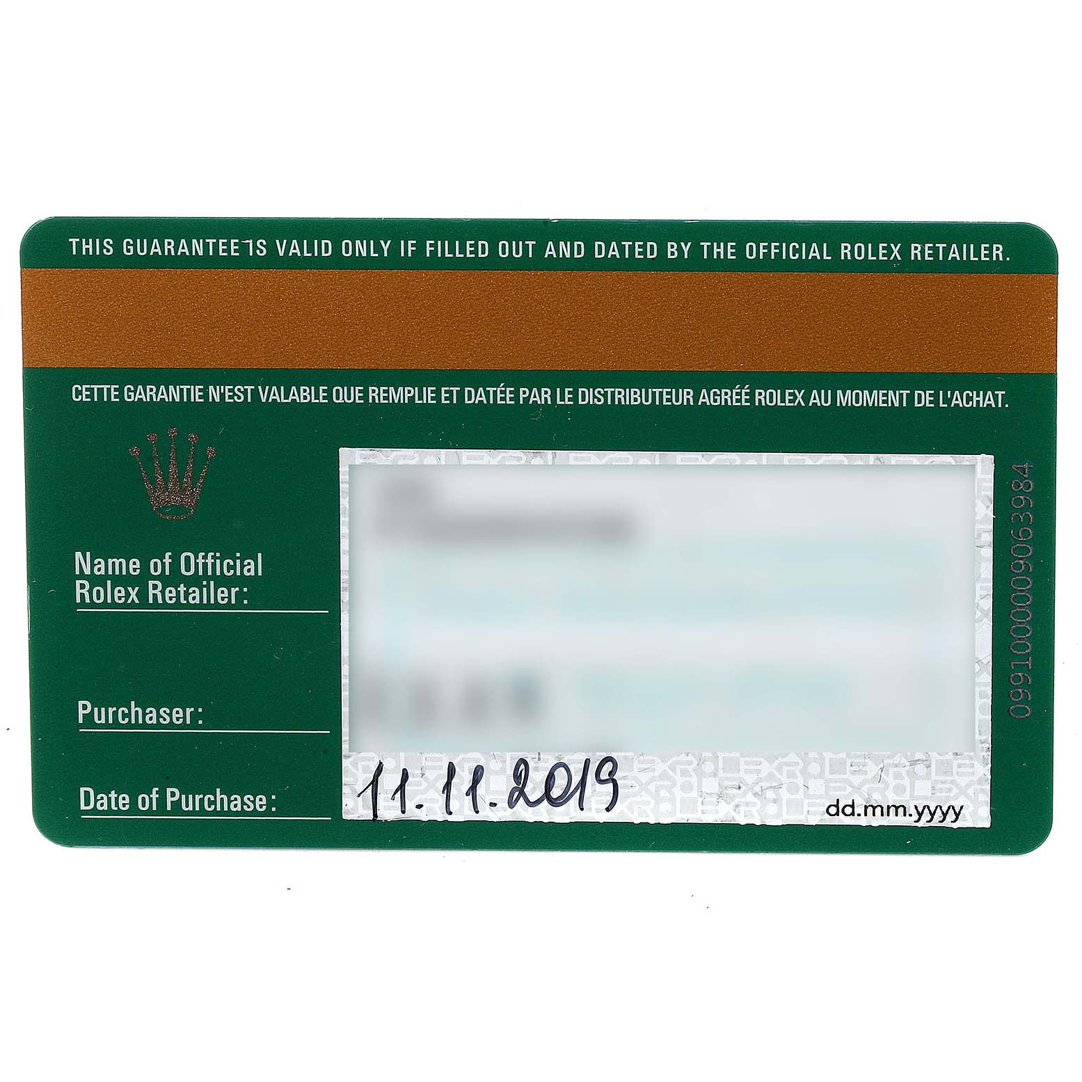 The image shows the guarantee card for a Rolex Submariner 116613 Men's Steel and Gold (two tone) Blue Dial 116613 Men's Steel and Gold (two tone) Blue Dial watch, including purchase details and retailer information.