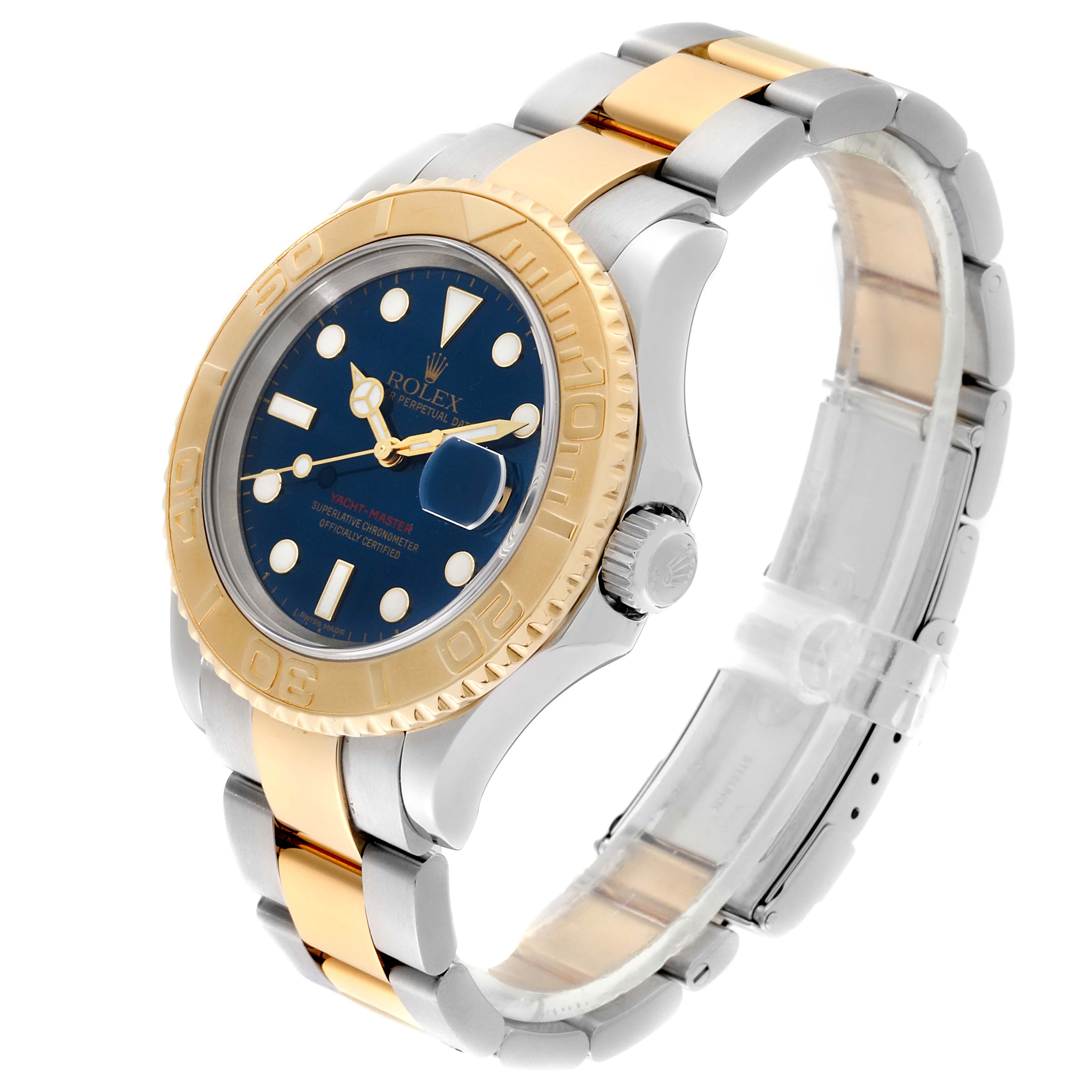 This Rolex Yacht-Master 16623 Men
s Steel and Gold (two tone) Blue Dial 16623 Men
s Steel and Gold (two tone) Blue Dial watch is shown from a three-quarter angle, highlighting the dial, bezel, and bracelet.