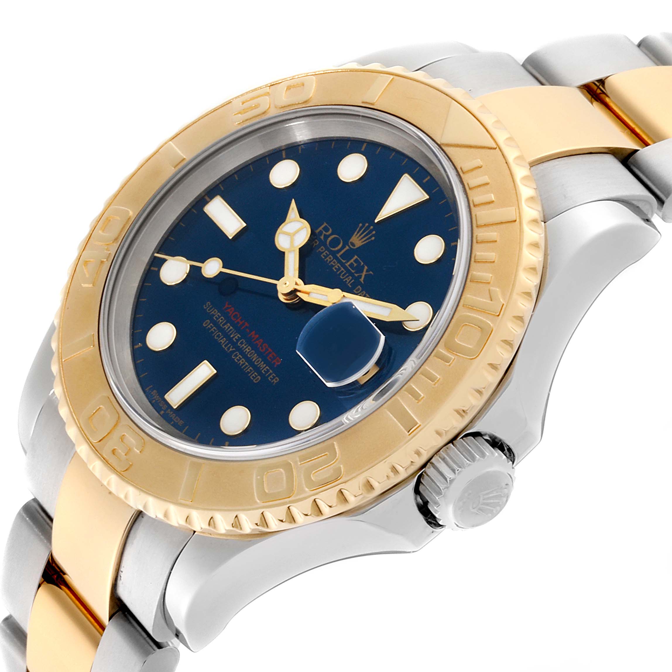 This image shows a side angle of the Rolex Yacht-Master 16623 Men
s Steel and Gold (two tone) Blue Dial 16623 Men
s Steel and Gold (two tone) Blue Dial watch, highlighting the bezel, face, and part of the bracelet.