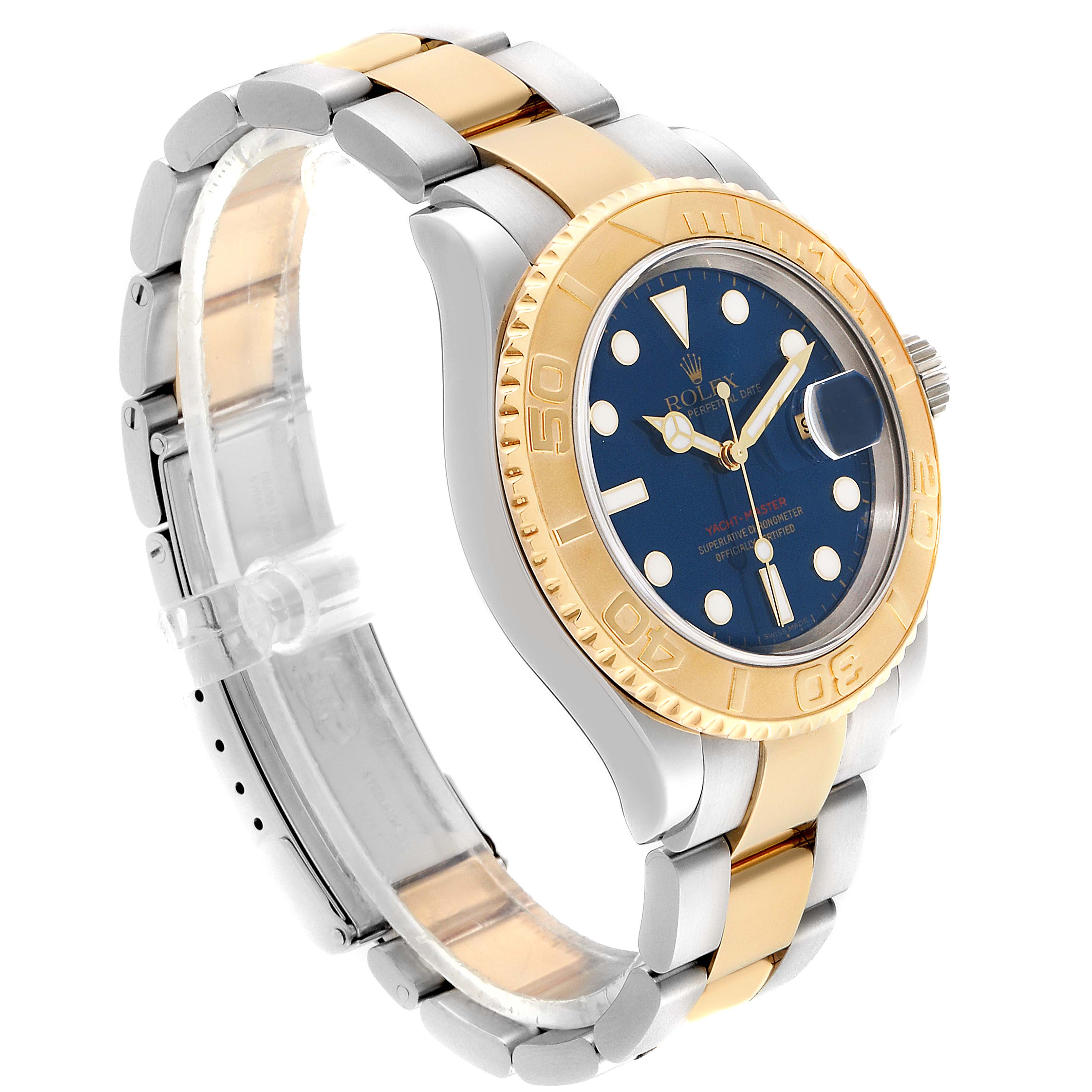The Rolex Yacht-Master 16623 Men
s Steel and Gold (two tone) Blue Dial 16623 Men
s Steel and Gold (two tone) Blue Dial watch is shown at a three-quarter angle, highlighting its blue dial, gold bezel, and two-tone bracelet.