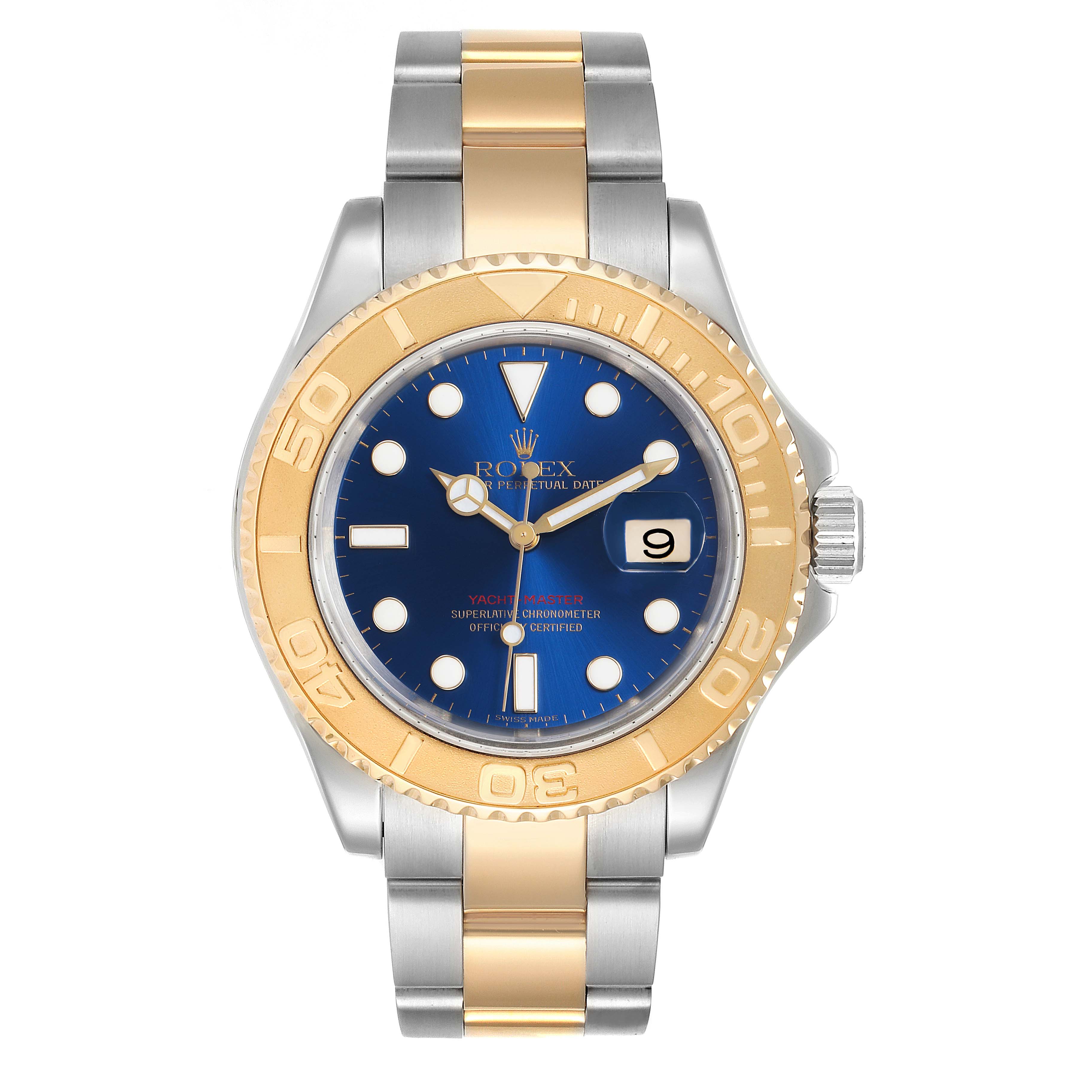 The watch is a Rolex Yacht-Master 16623 Men
s Steel and Gold (two tone) Blue Dial 16623 Men
s Steel and Gold (two tone) Blue Dial model shown from the front, featuring a gold bezel and blue dial with a two-tone bracelet.