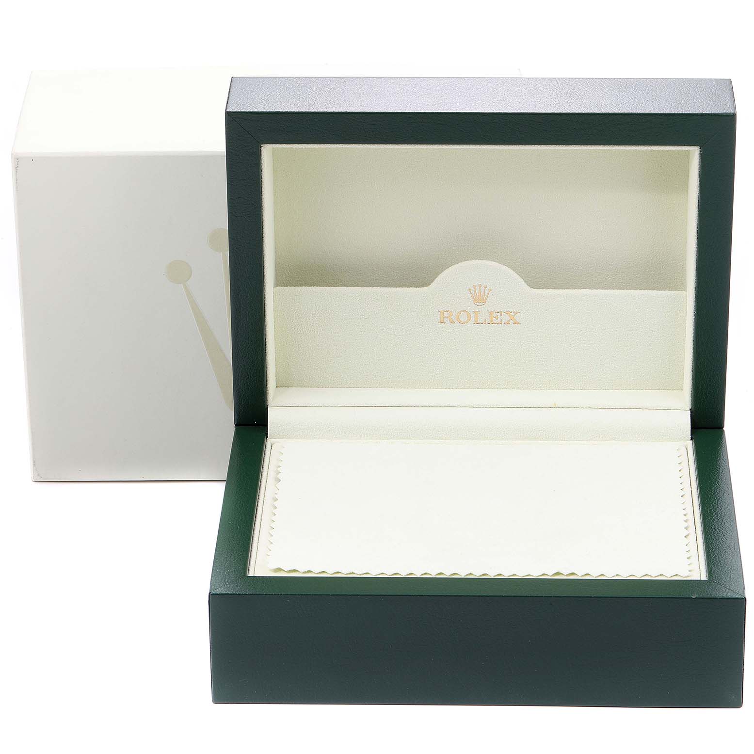 This image shows an empty Rolex Yacht-Master 16623 Men
s Steel and Gold (two tone) Blue Dial 16623 Men
s Steel and Gold (two tone) Blue Dial watch box with its lid open, revealing the interior display area and a booklet.