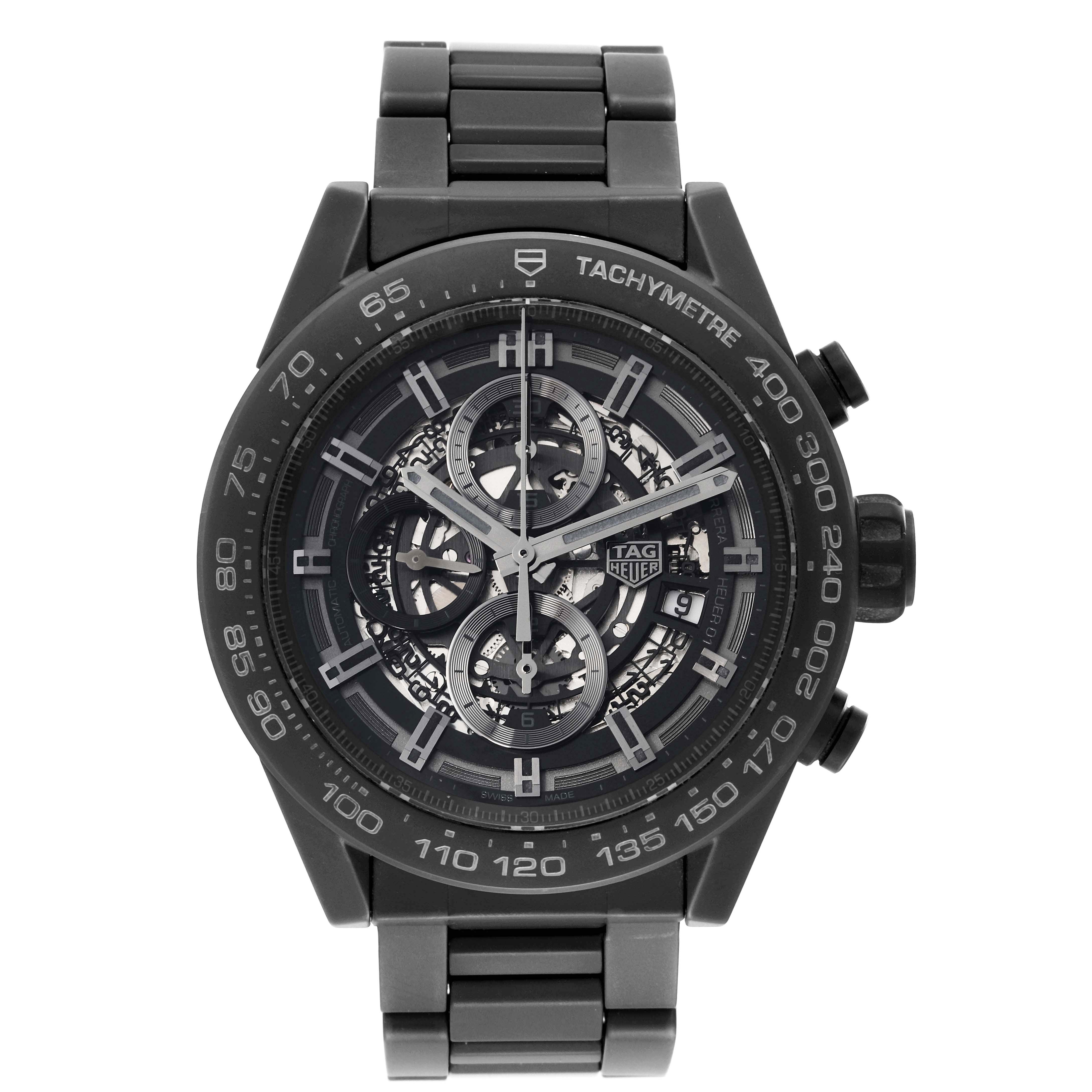 The image shows a front view of the Tag Heuer Carrera CAR2A91 Men's Ceramic Black Dial CAR2A91 Men's Ceramic Black Dial watch, displaying its dial, bezel, and bracelet.
