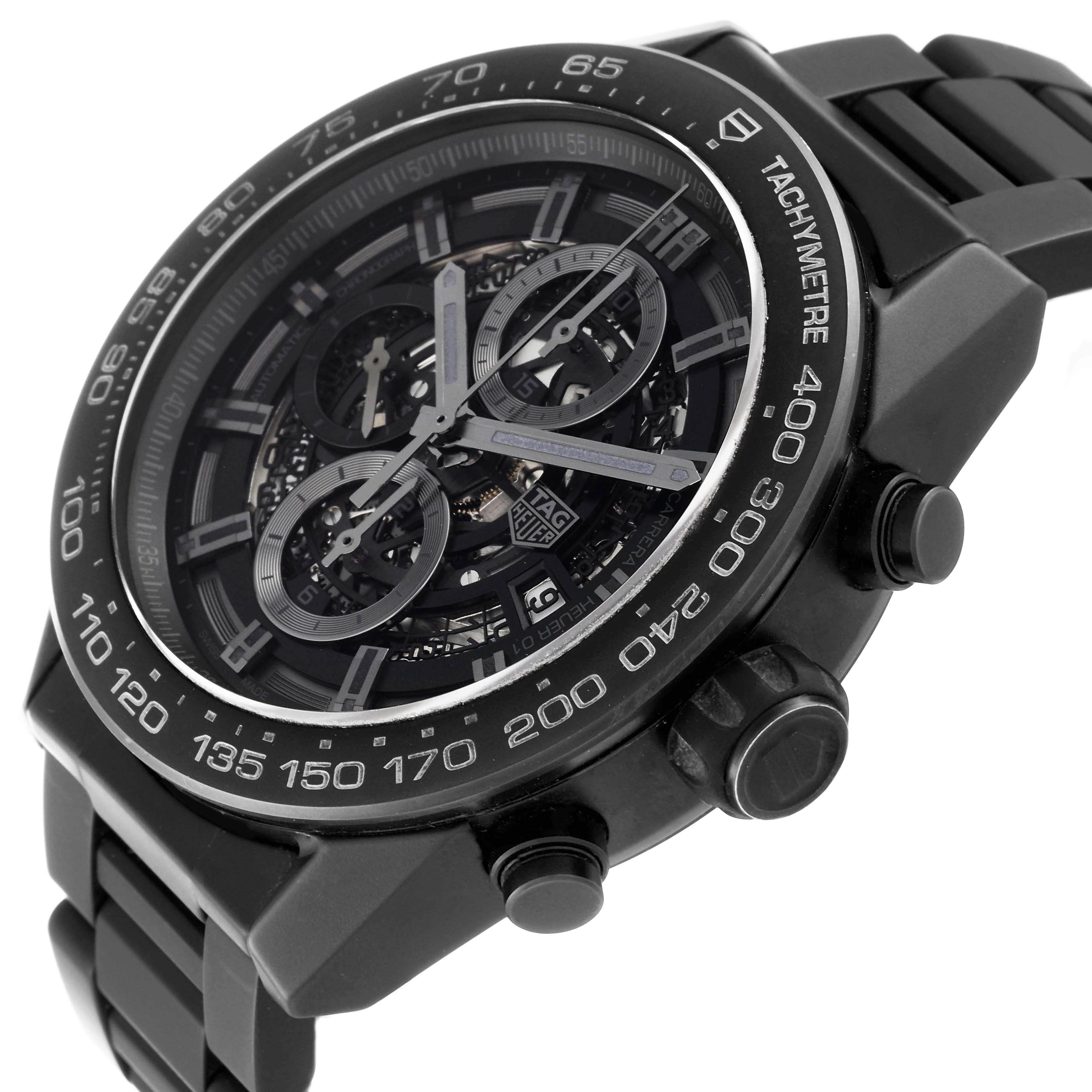 The image shows a close-up angle of the Tag Heuer Carrera CAR2A91 Men's Ceramic Black Dial CAR2A91 Men's Ceramic Black Dial watch, highlighting the chronograph face, tachymeter bezel, and side buttons.