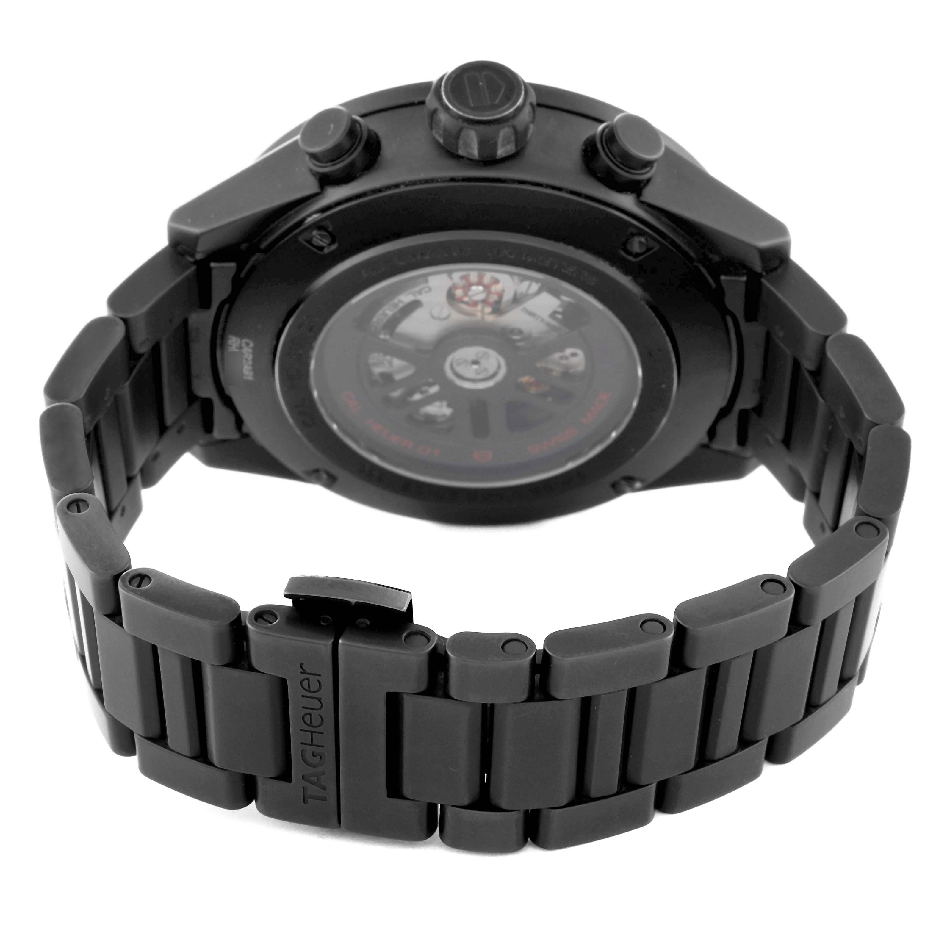 The image shows the back view of the Tag Heuer Carrera CAR2A91 Men's Ceramic Black Dial CAR2A91 Men's Ceramic Black Dial watch, highlighting its case back and bracelet.