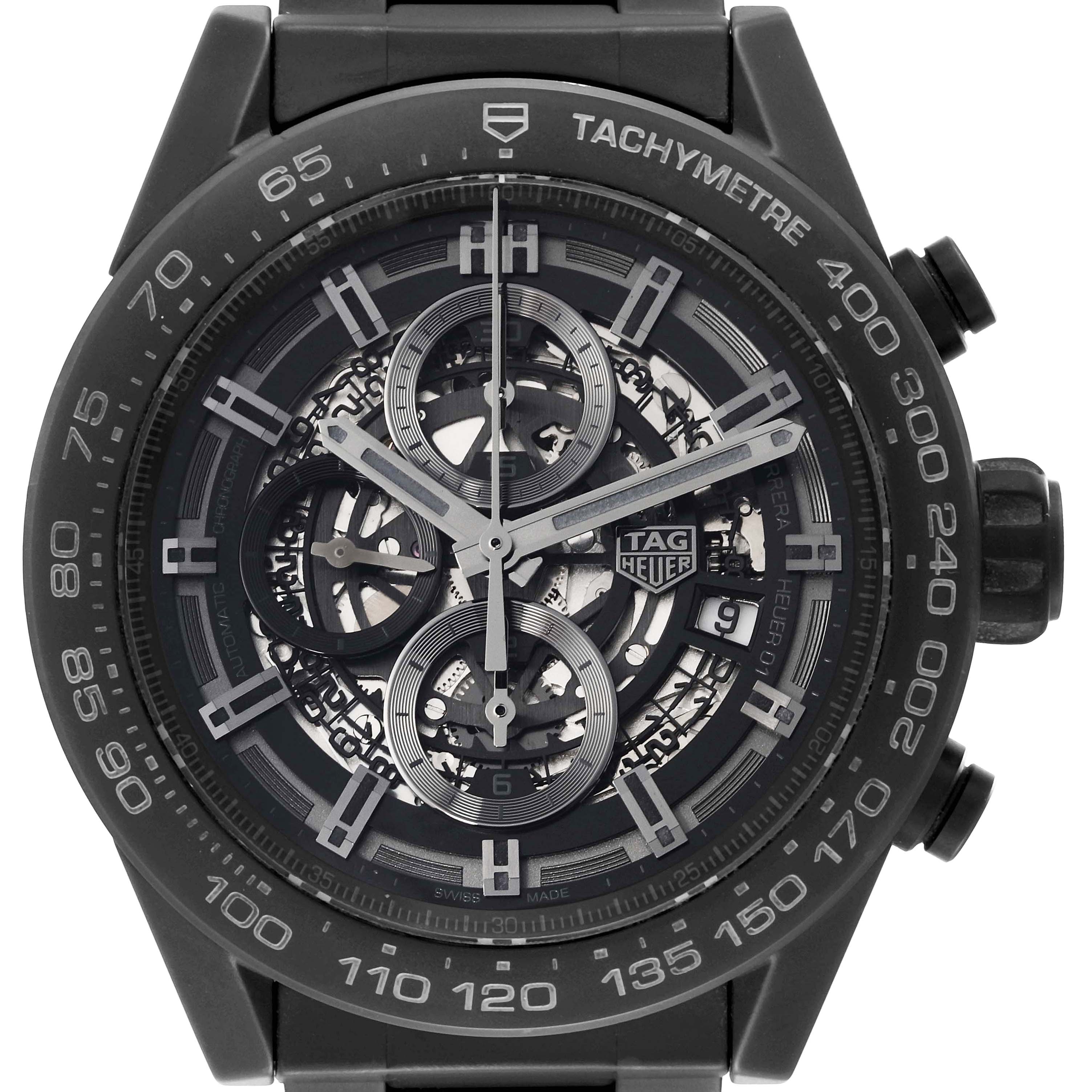 The image shows a front view of a Tag Heuer Carrera CAR2A91 Men's Ceramic Black Dial CAR2A91 Men's Ceramic Black Dial watch, highlighting its skeleton dial and tachymeter bezel.