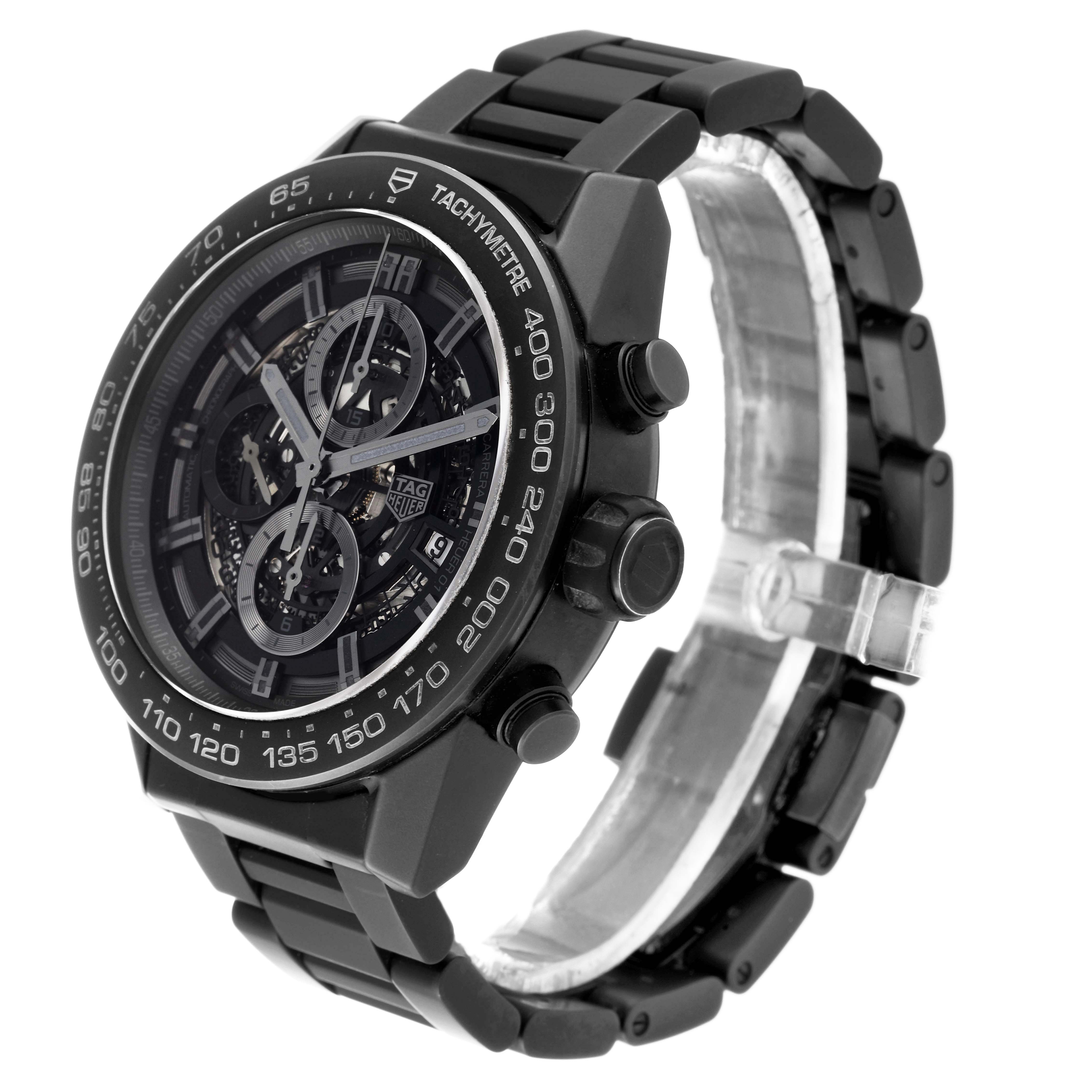 The Tag Heuer Carrera CAR2A91 Men's Ceramic Black Dial CAR2A91 Men's Ceramic Black Dial watch is shown at a 3/4 angle, highlighting its black case, dial, bracelet, and chronograph features.