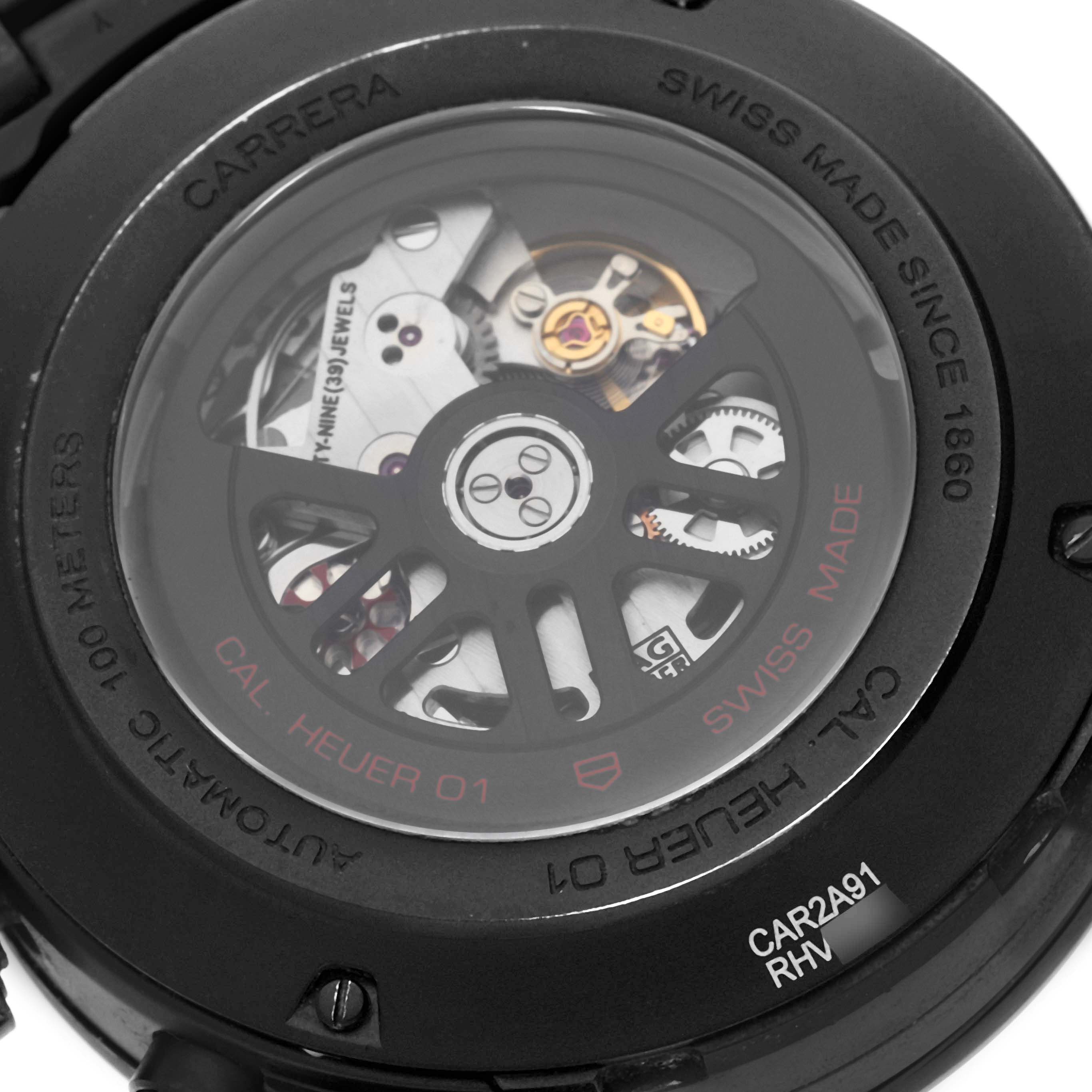 The image shows the back case of a Tag Heuer Carrera CAR2A91 Men's Ceramic Black Dial CAR2A91 Men's Ceramic Black Dial model watch, revealing its automatic movement.