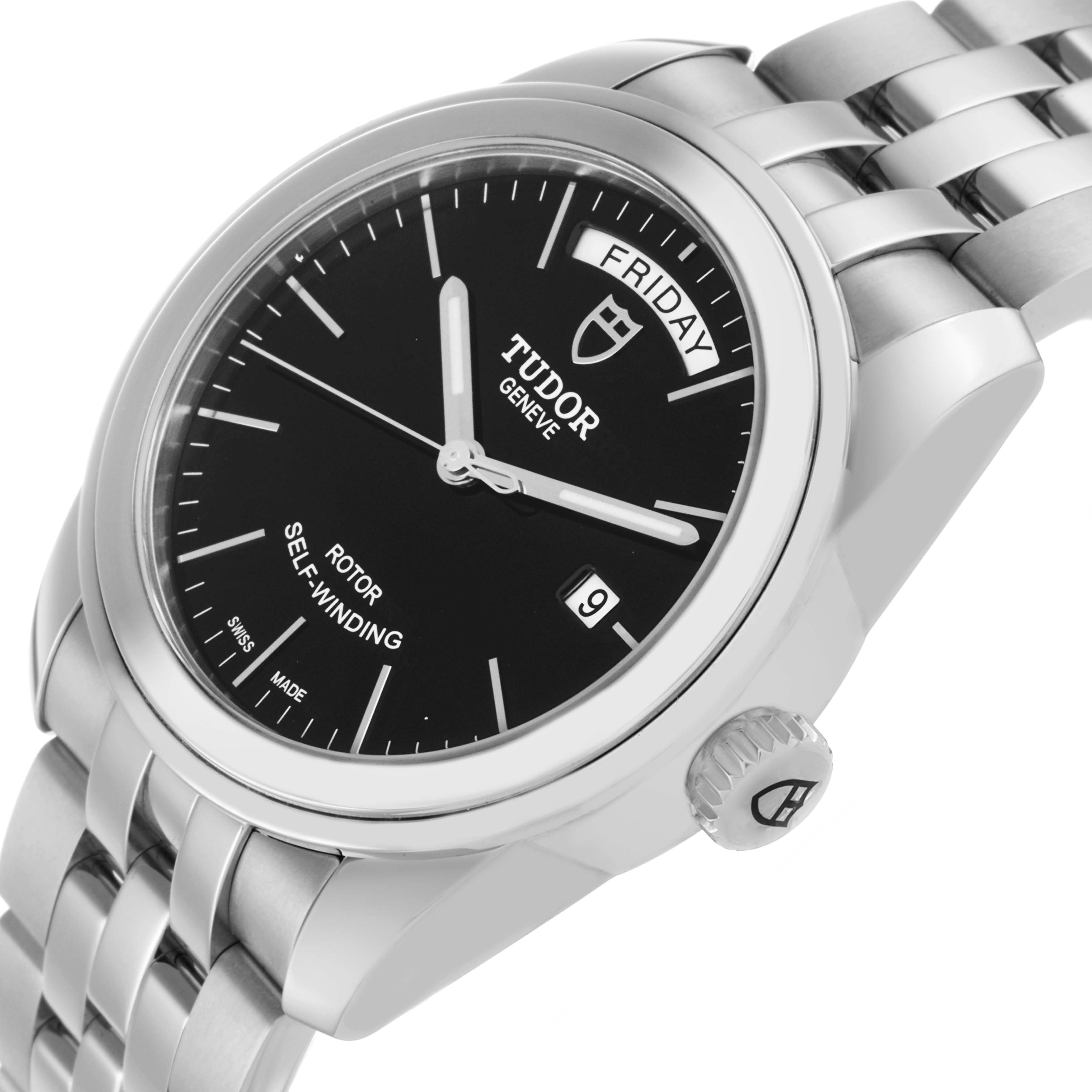 The image shows the Tudor Glamour 56000 Men's Stainless Steel Black Dial model at an angled view, highlighting the dial, crown, and metal bracelet.