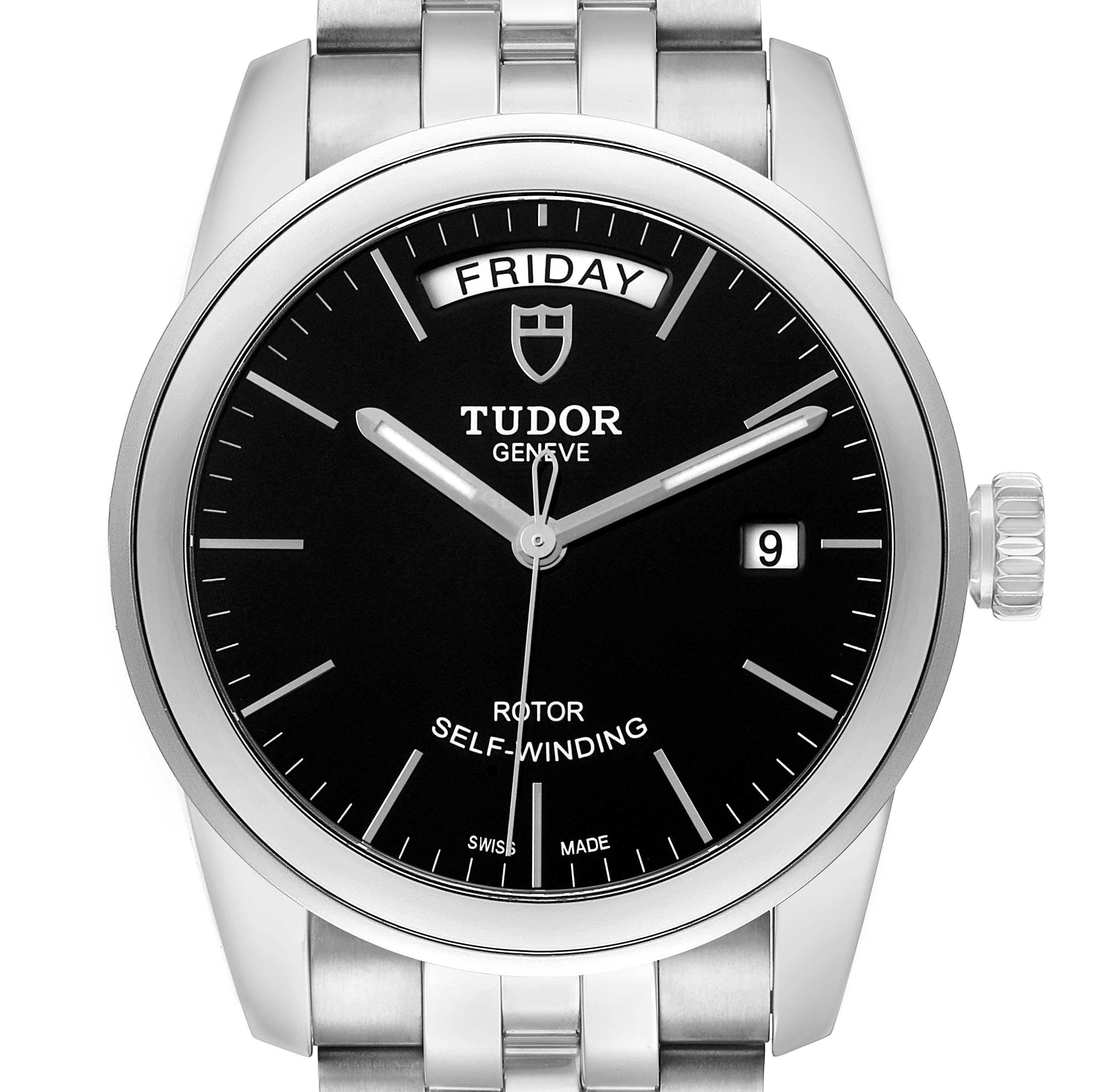 The Tudor Glamour 56000 Men's Stainless Steel Black Dial watch is shown from the front, highlighting its black dial, day-date display, and stainless steel bracelet.
