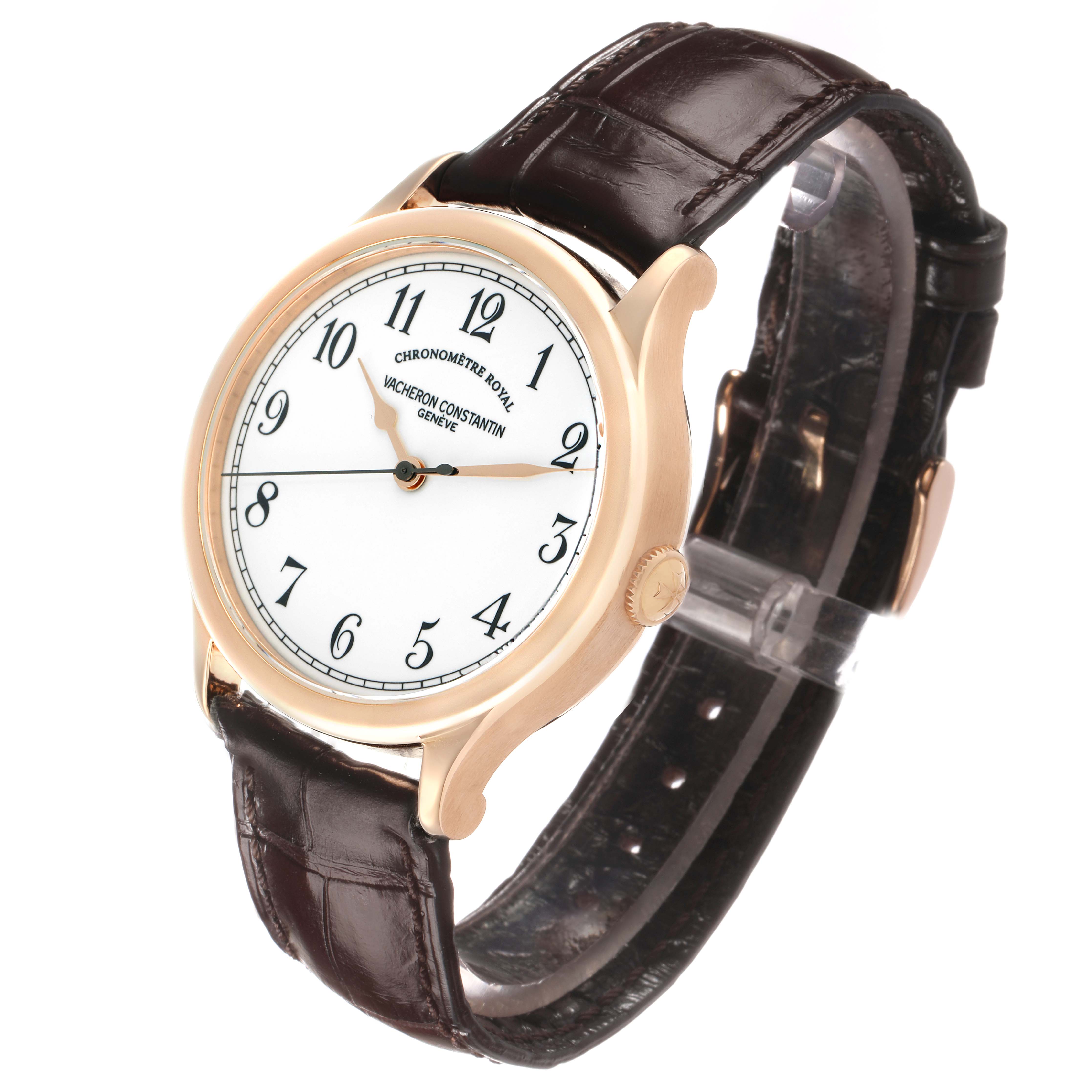 The Vacheron Constantin Historiques 86122 Men's Rose Gold White Dial watch is shown at a three-quarter angle, displaying the dial, bezel, crown, and leather strap.