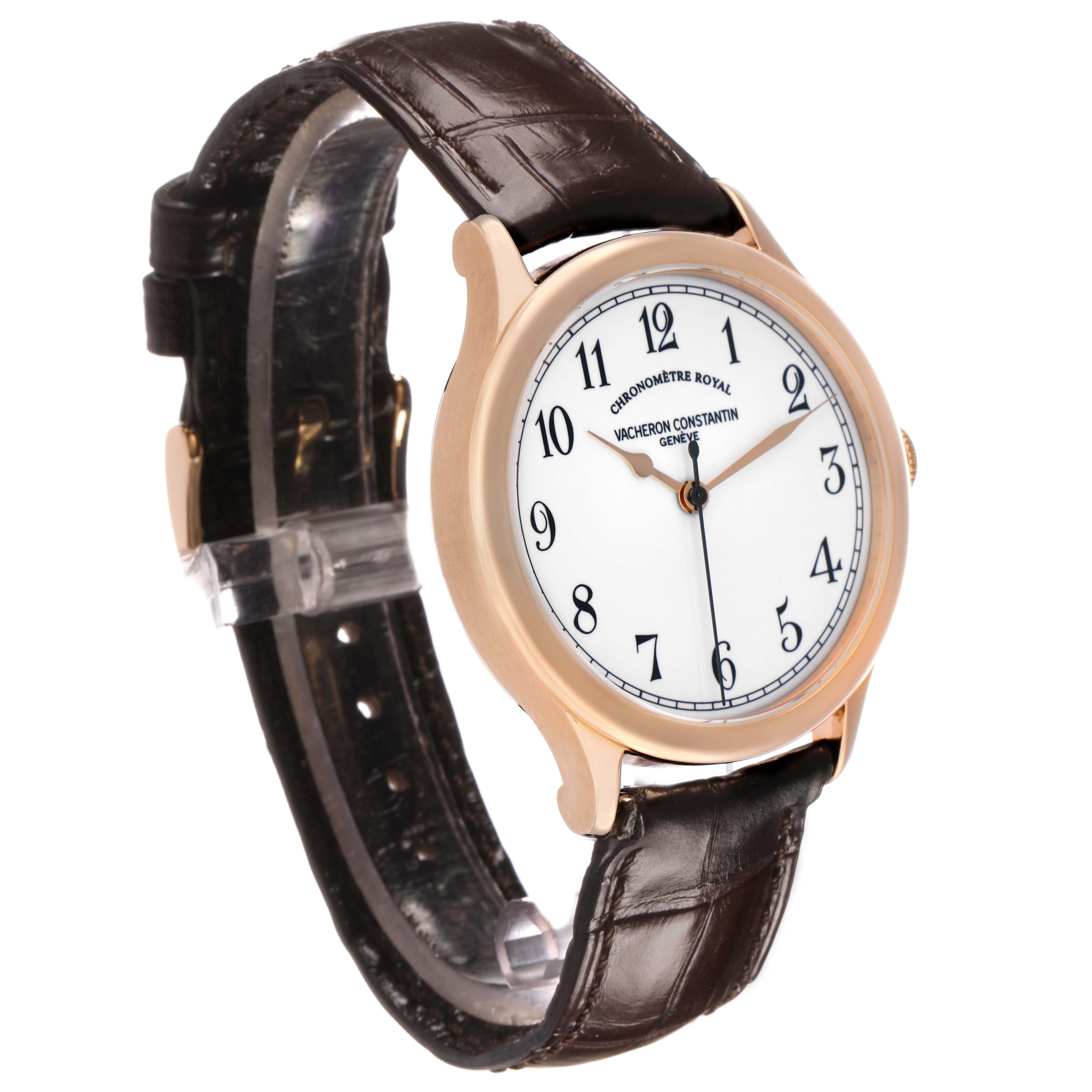 The Vacheron Constantin Historiques 86122 Men's Rose Gold White Dial watch is shown at a three-quarter angle, highlighting its white dial, gold case, and leather strap.