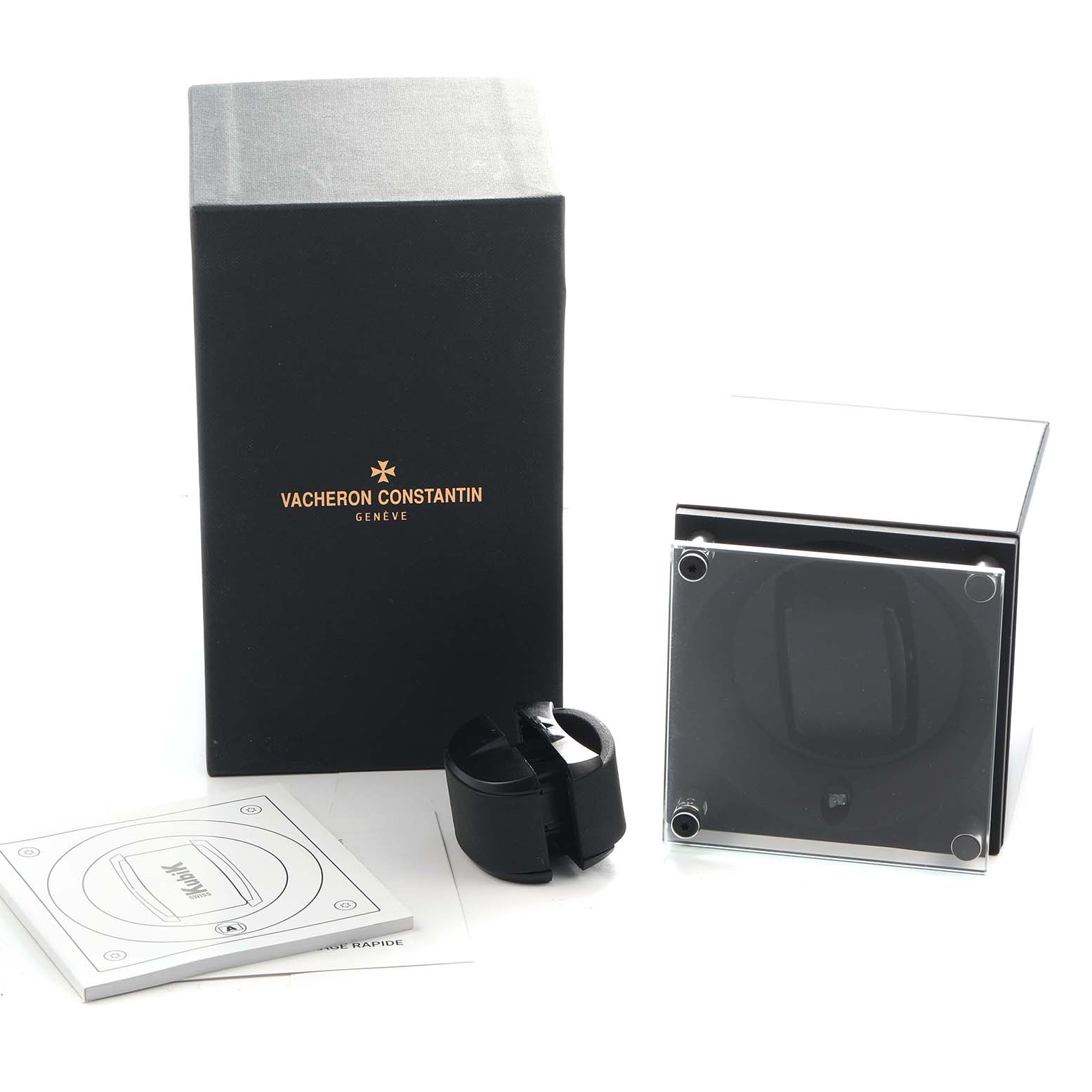 The image shows Vacheron Constantin Historiques 86122 Men's Rose Gold White Dial watch packaging, including a box, a case, and a manual.