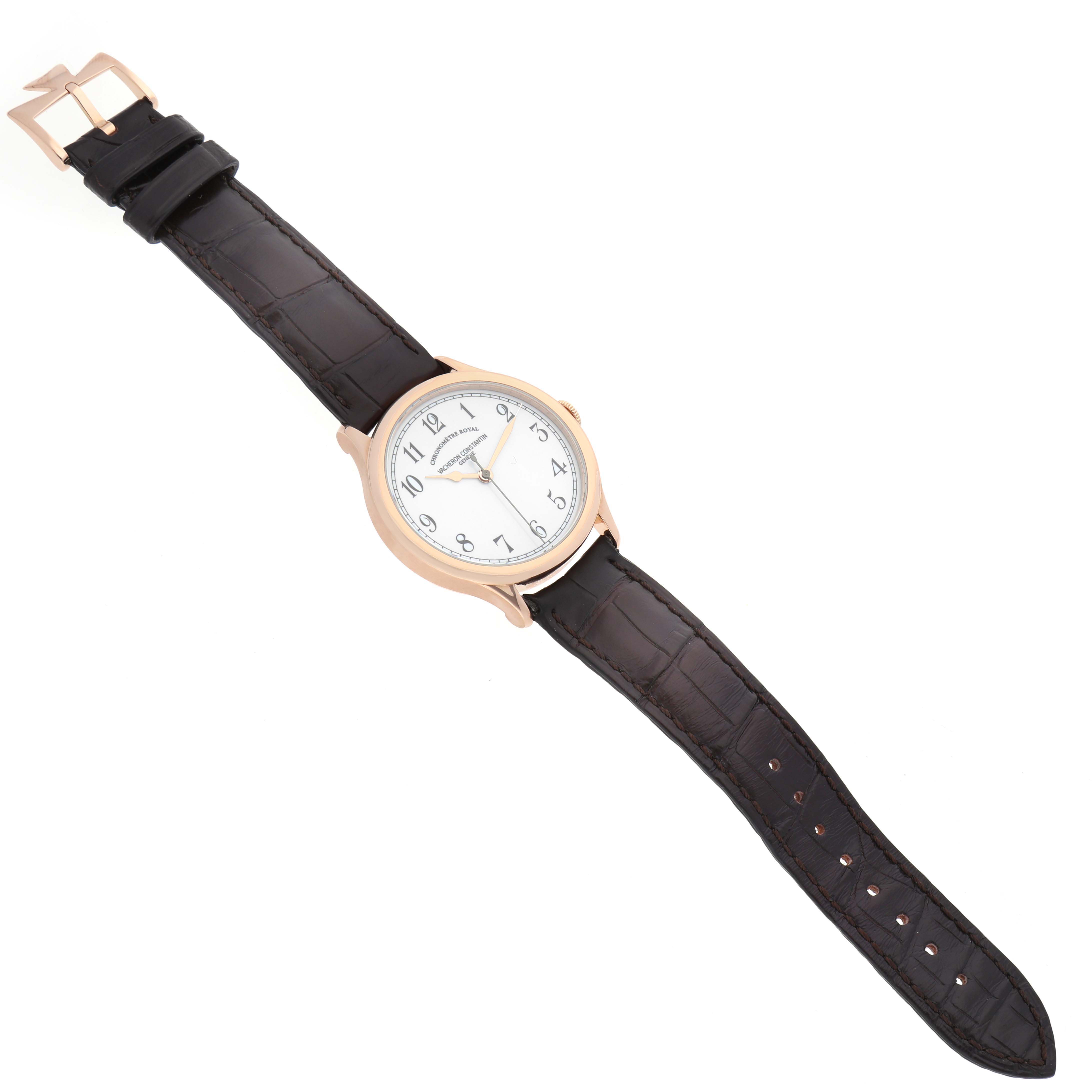 The Vacheron Constantin Historiques 86122 Men's Rose Gold White Dial watch is shown from a top-down angle, displaying the entire face, case, and strap.