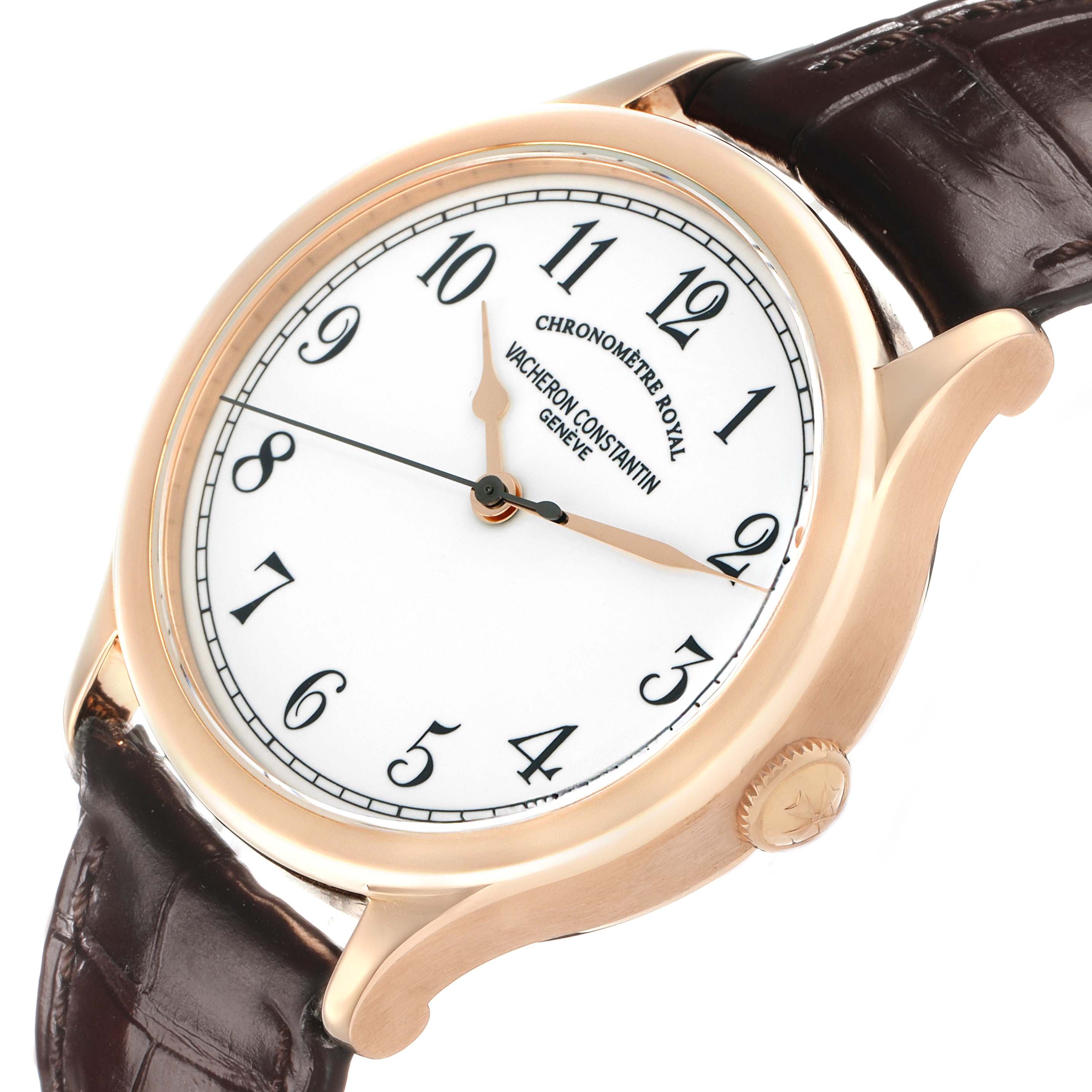 The Vacheron Constantin Historiques 86122 Men's Rose Gold White Dial watch is shown at a slight angle, highlighting its dial, crown, and leather strap.