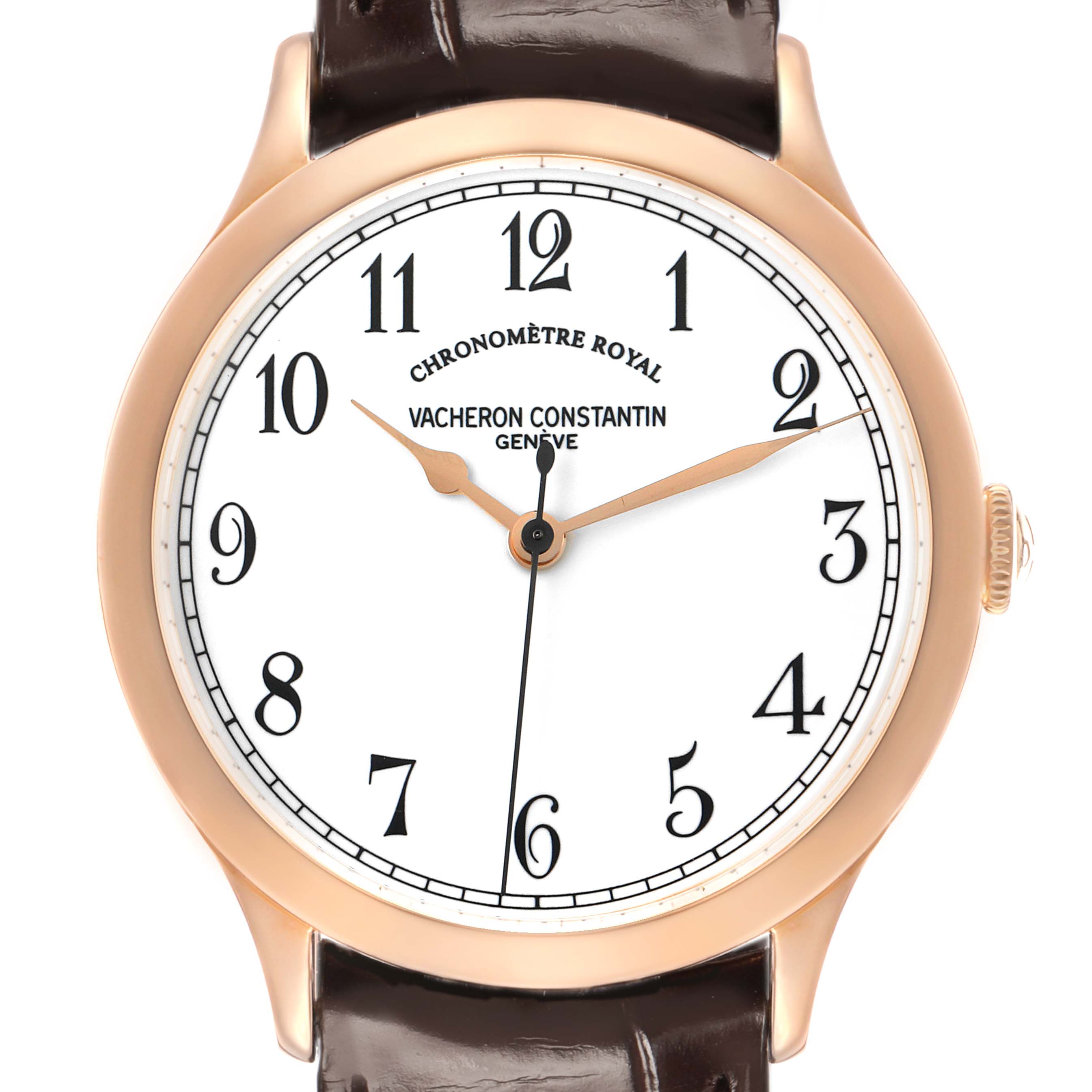 The image shows a Vacheron Constantin Historiques 86122 Men's Rose Gold White Dial model watch viewed from the front, highlighting its dial, hands, and case.