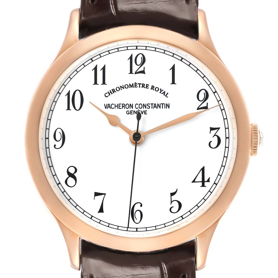 The image shows a Vacheron Constantin Historiques 86122 Men's Rose Gold White Dial model watch viewed from the front, highlighting its dial, hands, and case.