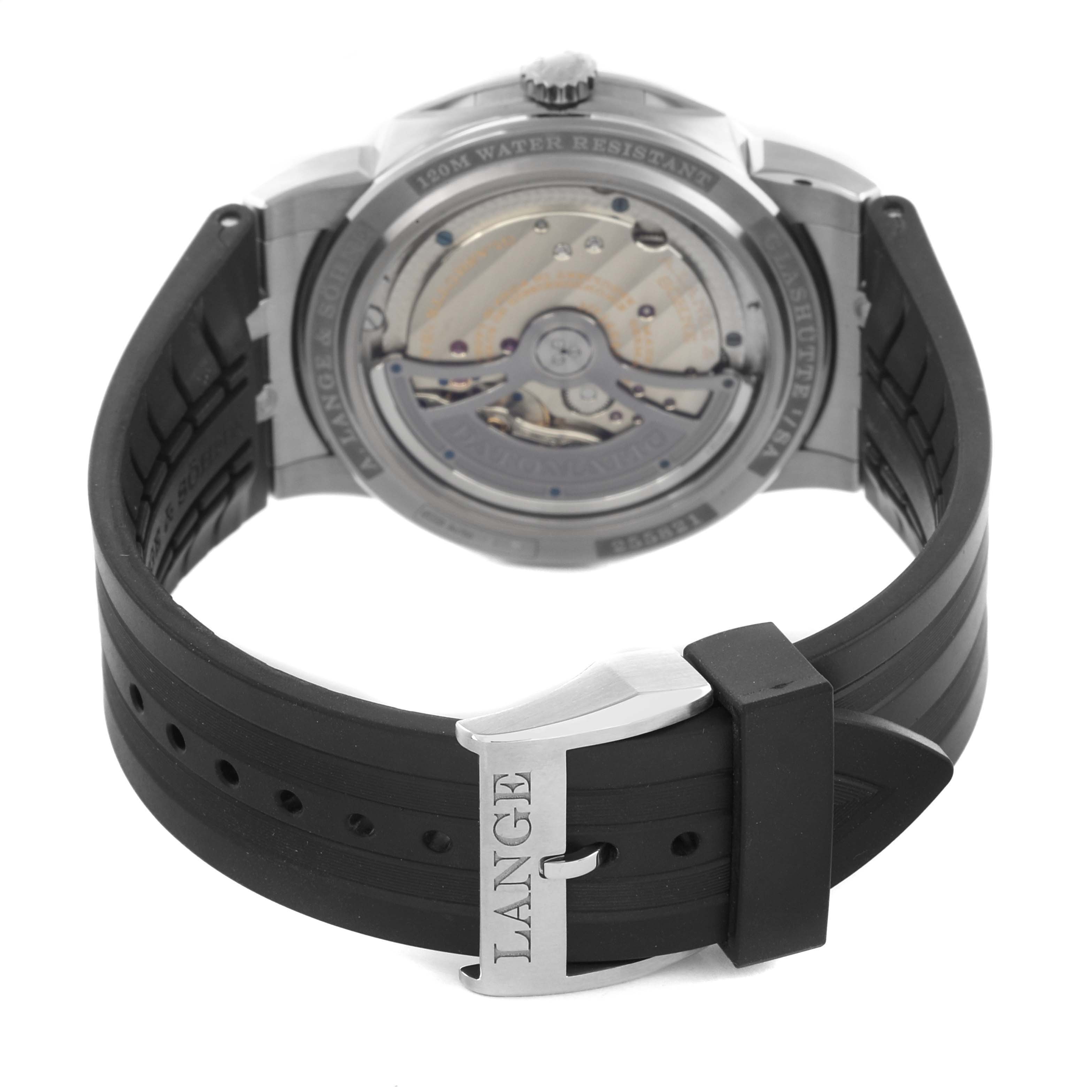 The image shows the back view of the A. Lange & Sohne Odysseus 363.068 Men's White Gold Grey Dial watch, highlighting the movement and a rubber strap with buckle.