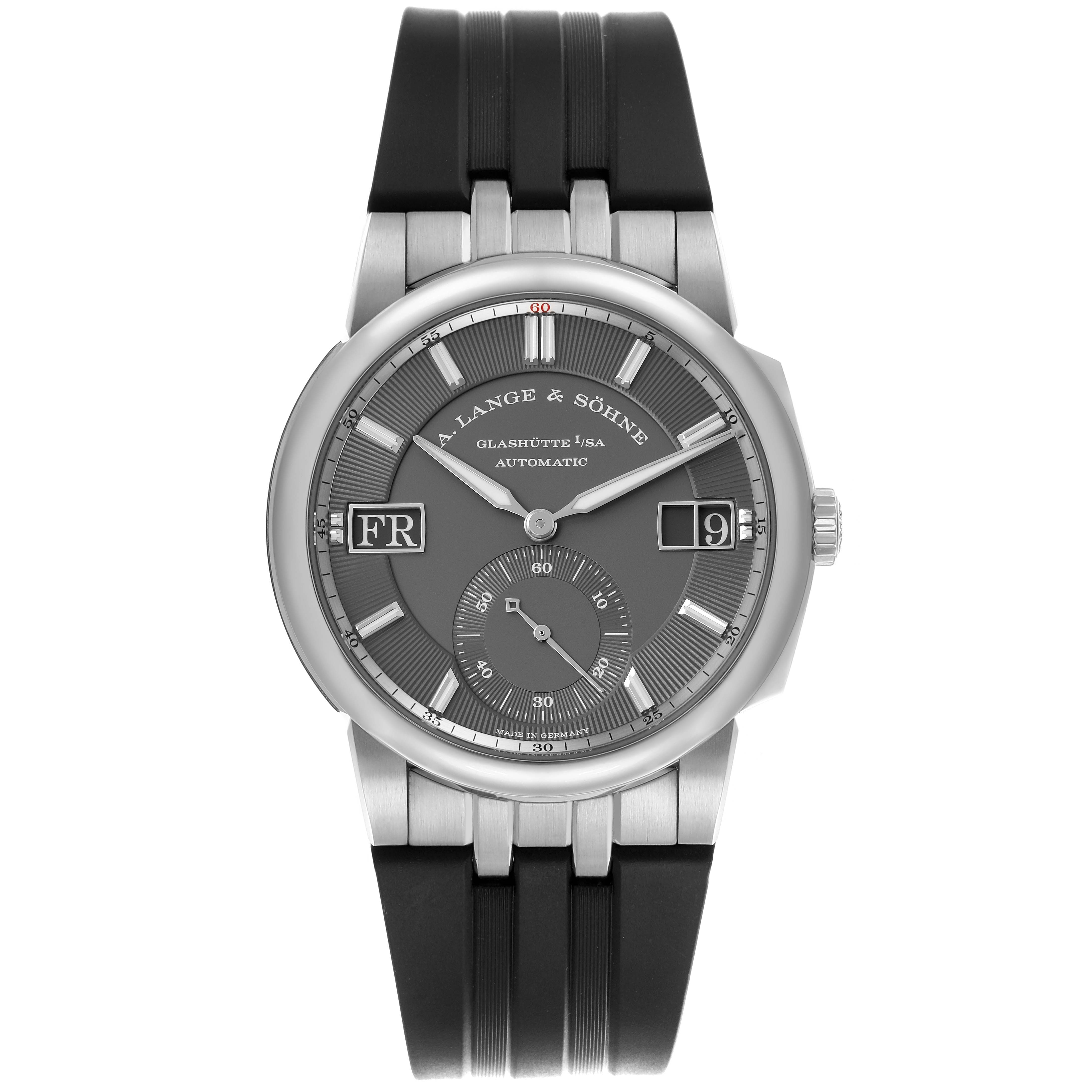 The A. Lange & Sohne Odysseus 363.068 Men's White Gold Grey Dial watch is shown from a front view, highlighting its dial, date windows, and rubber strap.