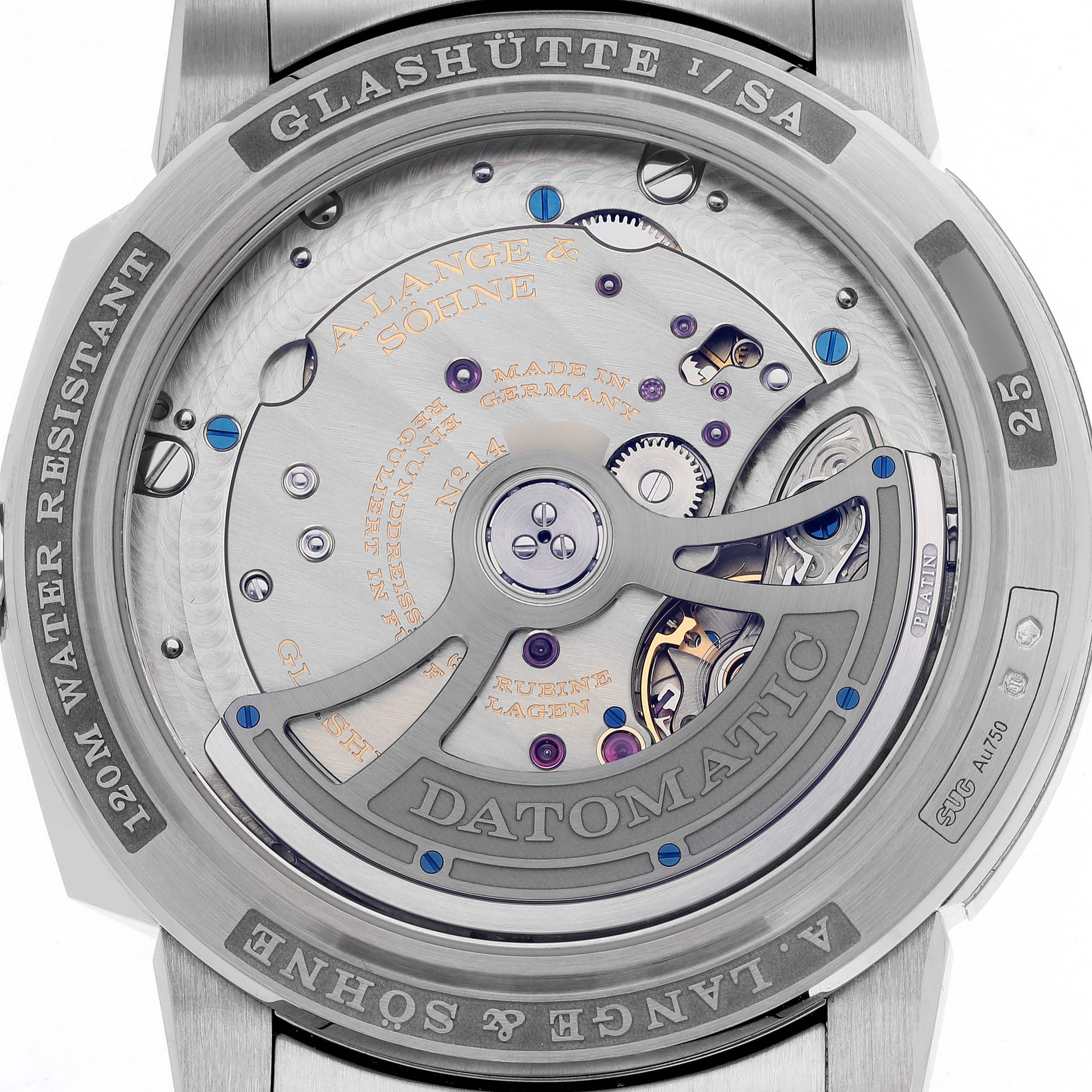 The image shows the back view of the A. Lange & Sohne Odysseus 363.068 Men's White Gold Grey Dial watch, highlighting its movement and rotor details.