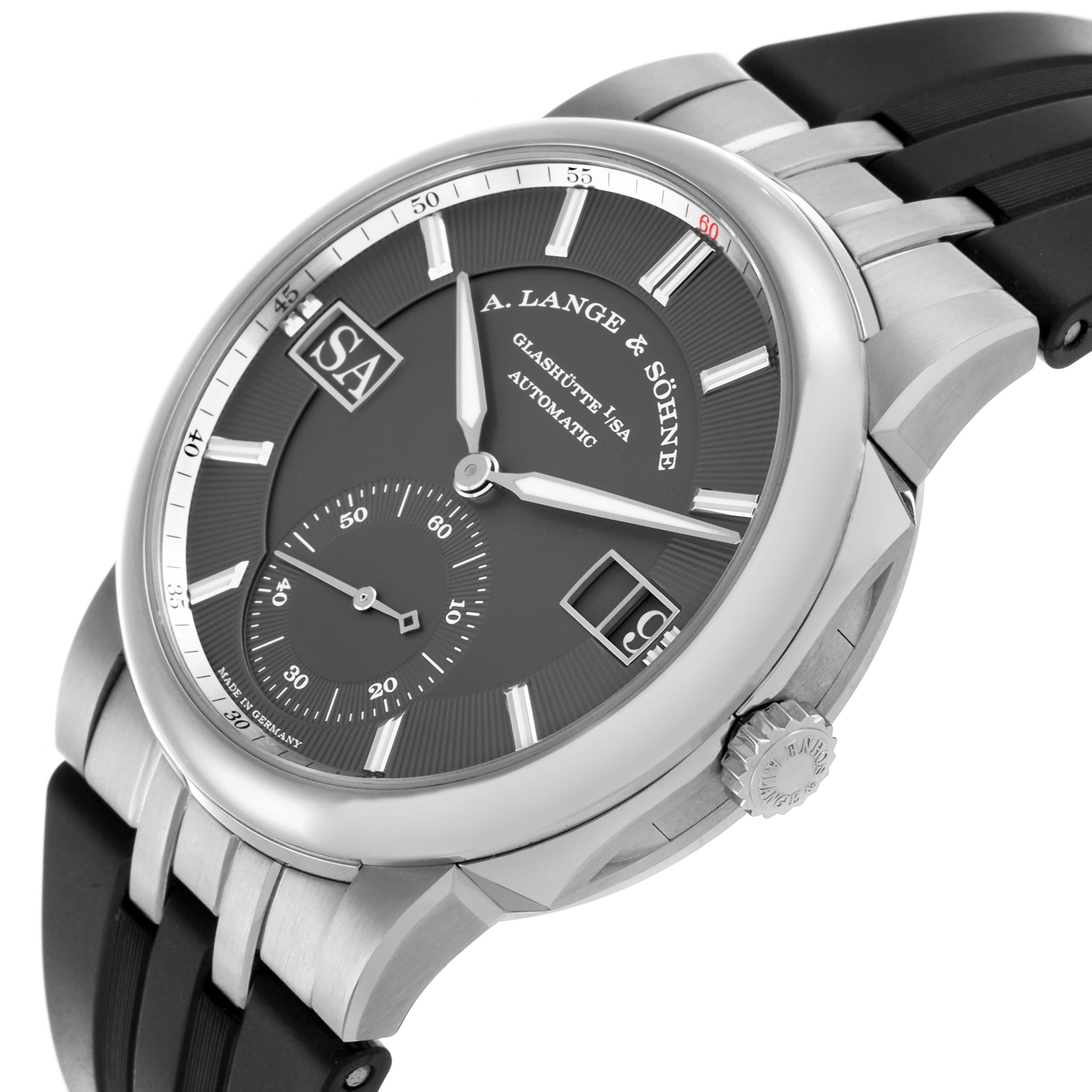 The A. Lange & Sohne Odysseus 363.068 Men's White Gold Grey Dial watch is shown at an angle displaying the face, crown, and part of the strap.