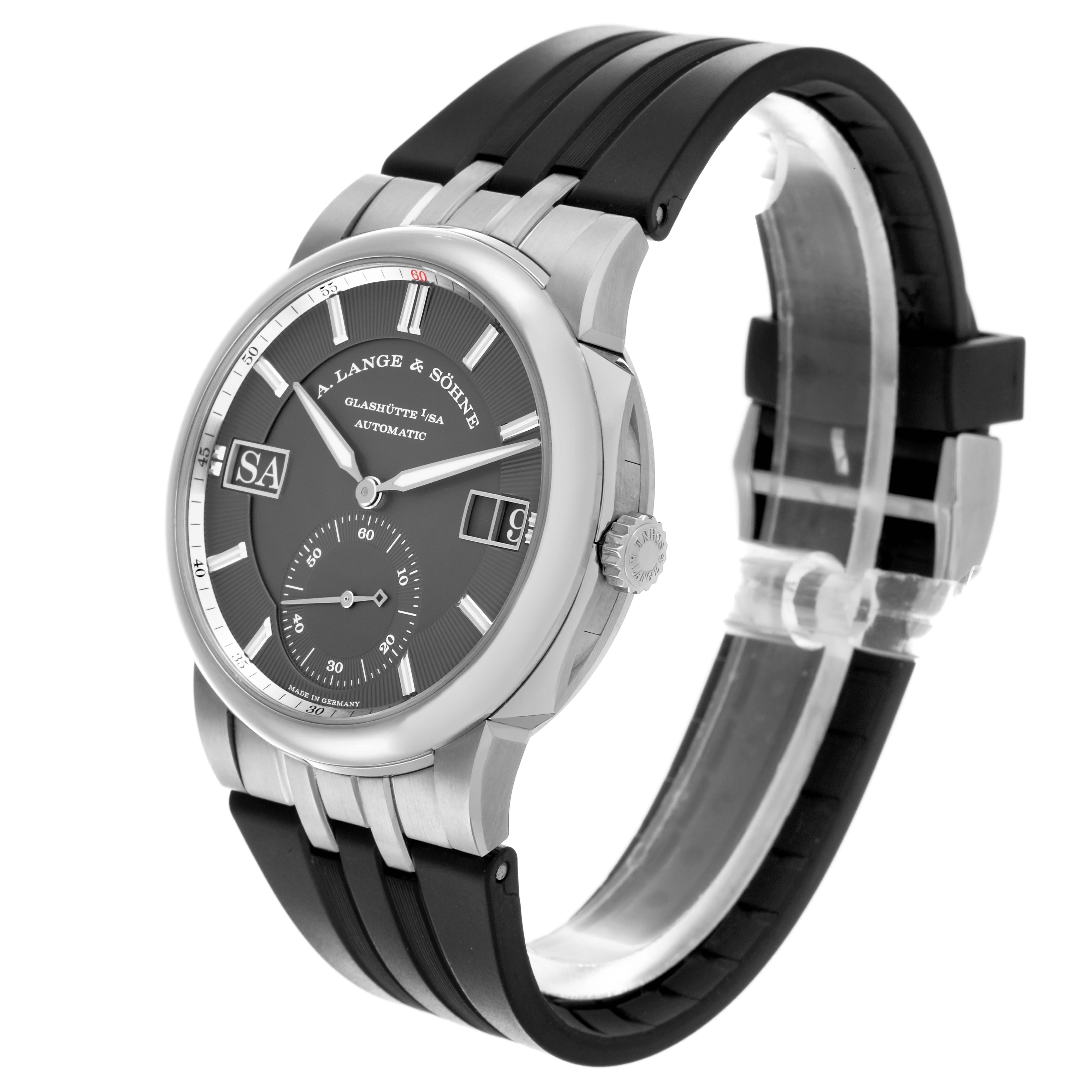 The A. Lange & Sohne Odysseus 363.068 Men's White Gold Grey Dial watch is shown at an oblique angle, highlighting the dial and strap.