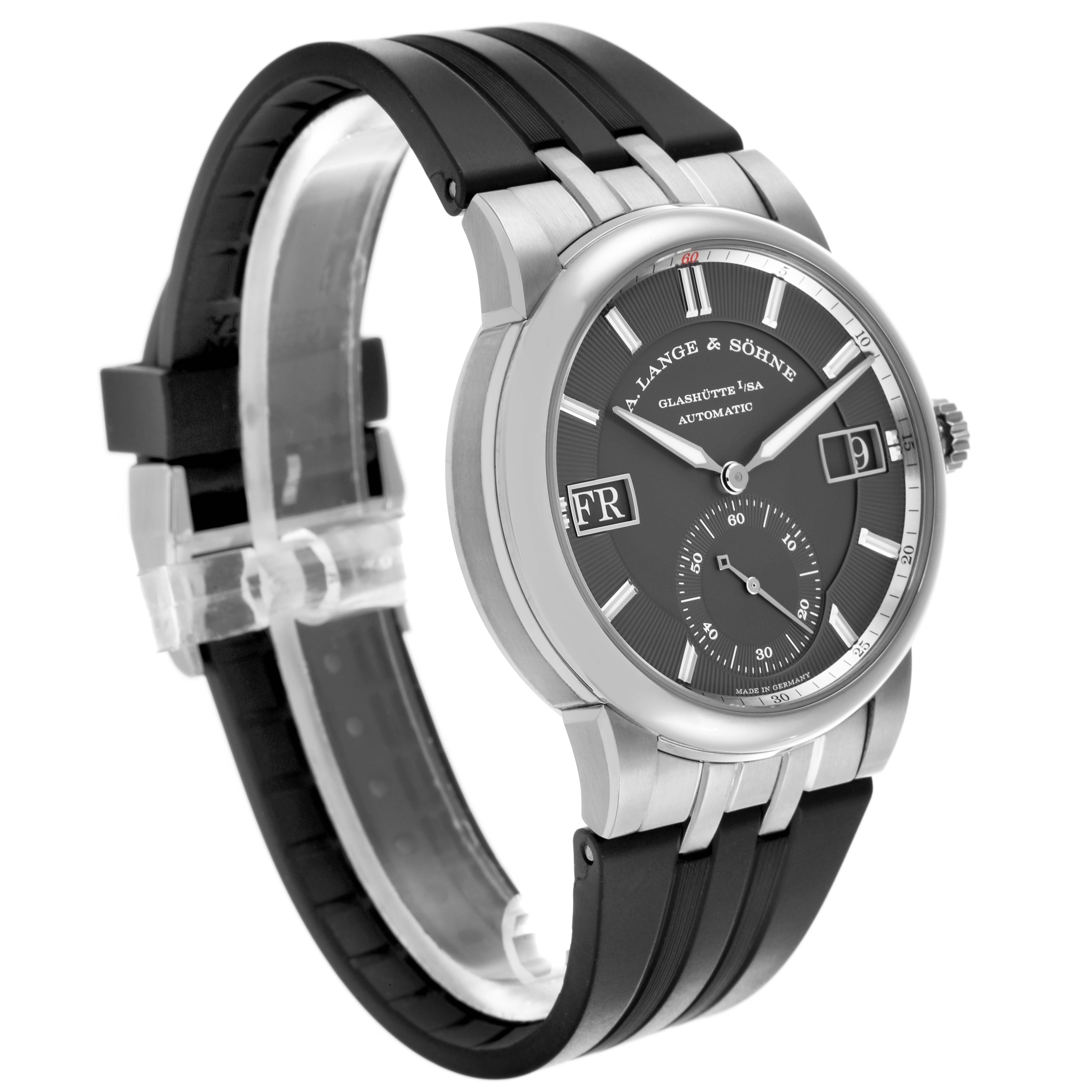 The A. Lange & Sohne Odysseus 363.068 Men's White Gold Grey Dial watch is shown at an angled side view, highlighting the dial, case, and rubber strap.