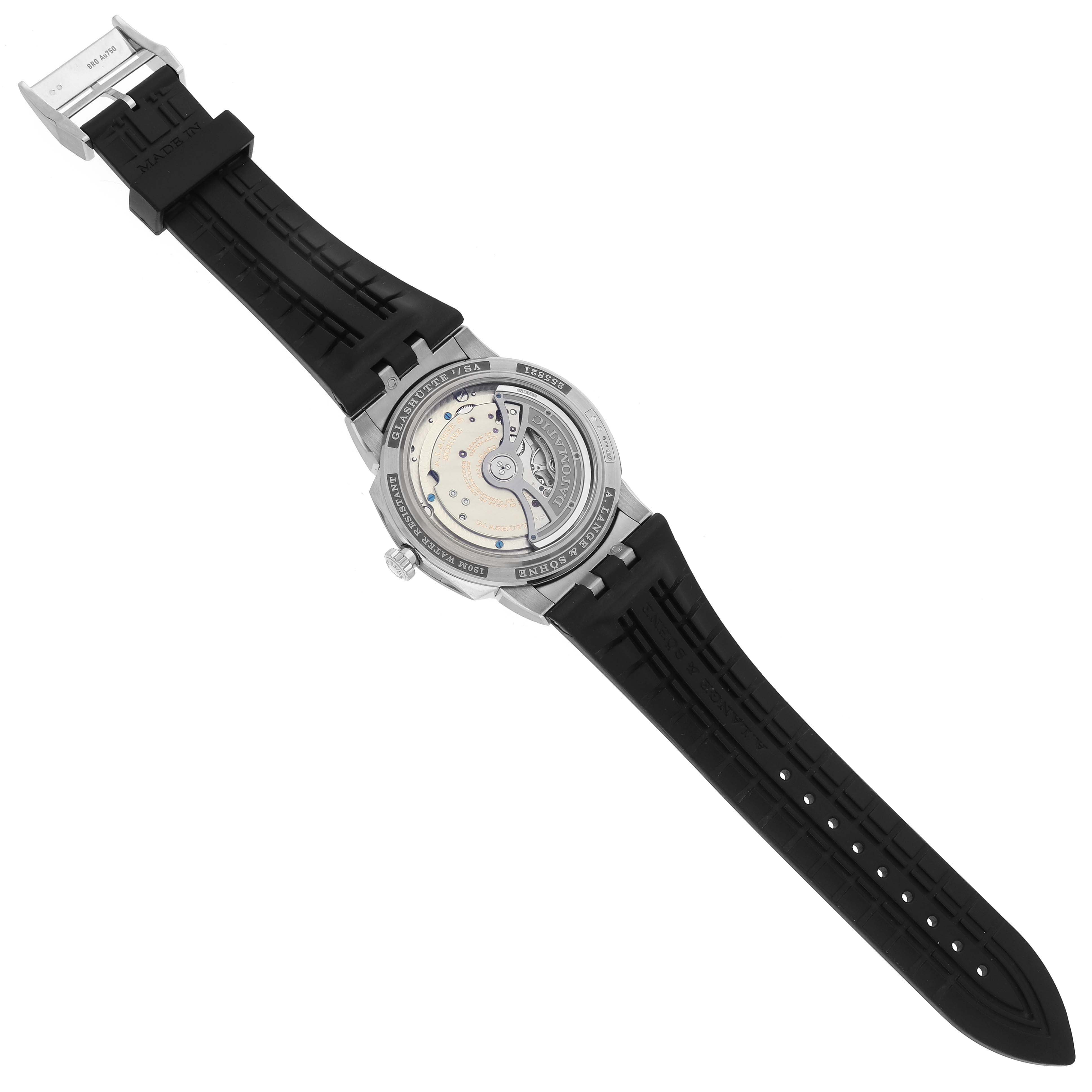 The A. Lange & Sohne Odysseus 363.068 Men's White Gold Grey Dial is shown from the back, highlighting the movement and strap.