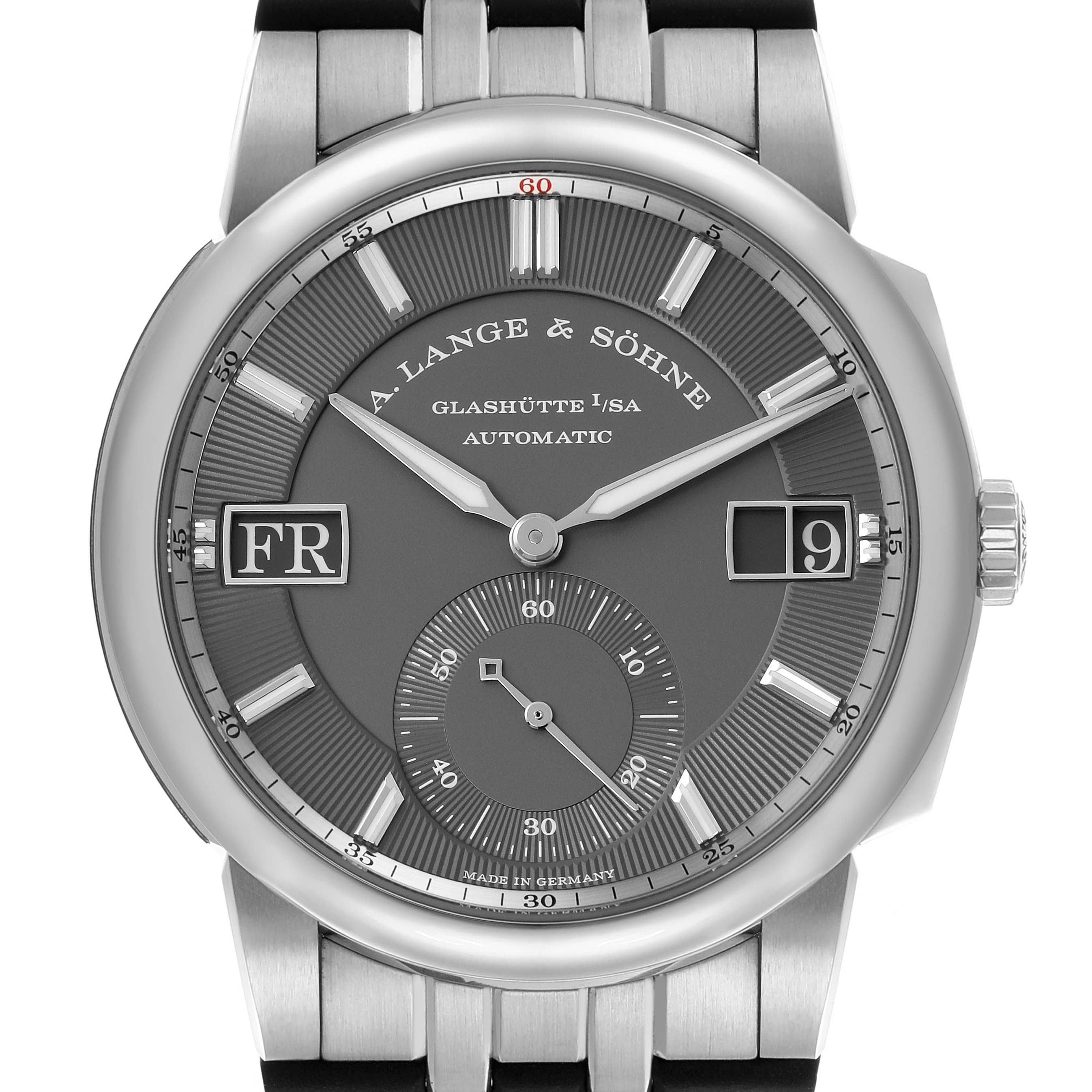 The image shows a front view of the A. Lange & Sohne Odysseus 363.068 Men's White Gold Grey Dial watch, highlighting the dial, hands, date, and day displays.