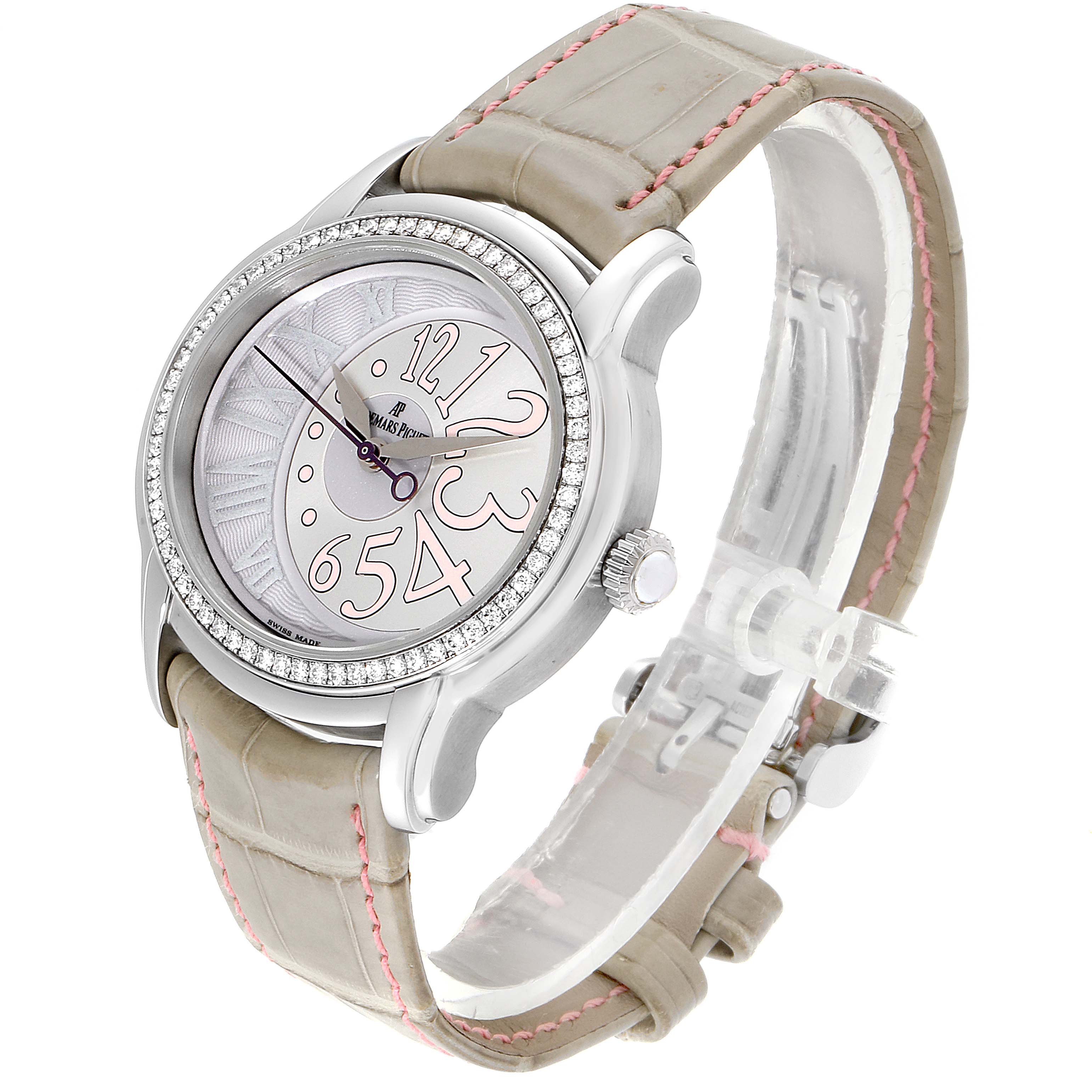 The Audemars Piguet Millenary 77301ST.ZZ.D009CR.01 Women's Stainless Steel Silver Dial 77301ST.ZZ.D009CR.01 Women's Stainless Steel Silver Dial watch is shown at a slight side angle, displaying its dial, bezel, case, and leather strap.
