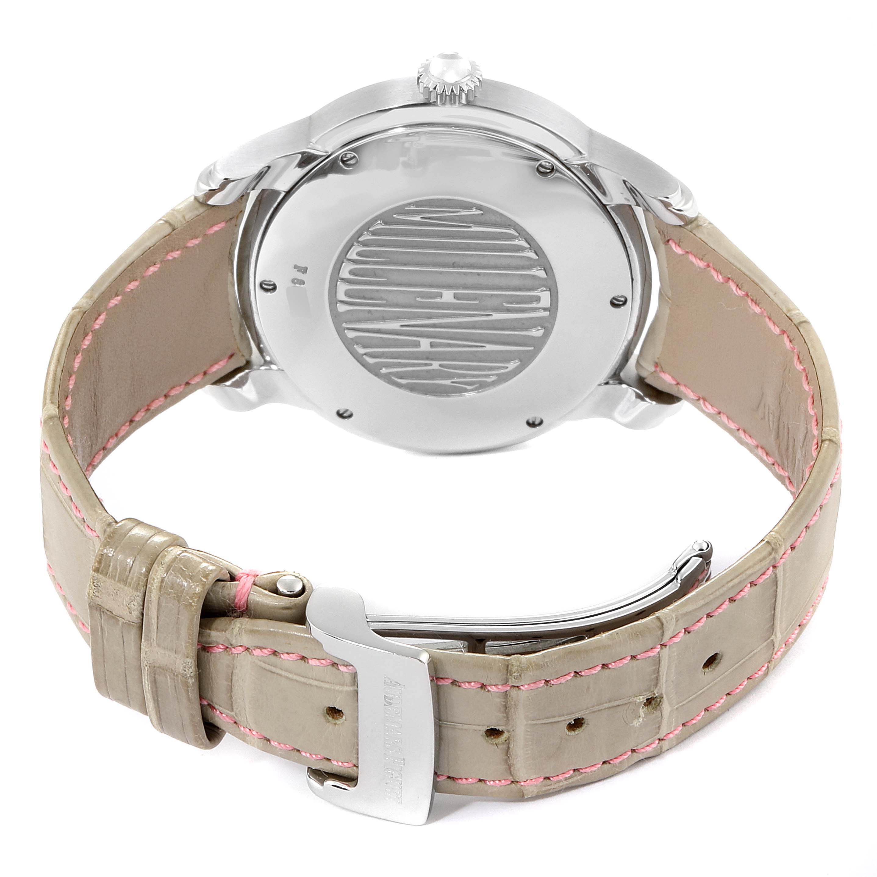 The image shows the back view of an Audemars Piguet Millenary 77301ST.ZZ.D009CR.01 Women's Stainless Steel Silver Dial 77301ST.ZZ.D009CR.01 Women's Stainless Steel Silver Dial watch, highlighting the case back and leather strap with stitching.