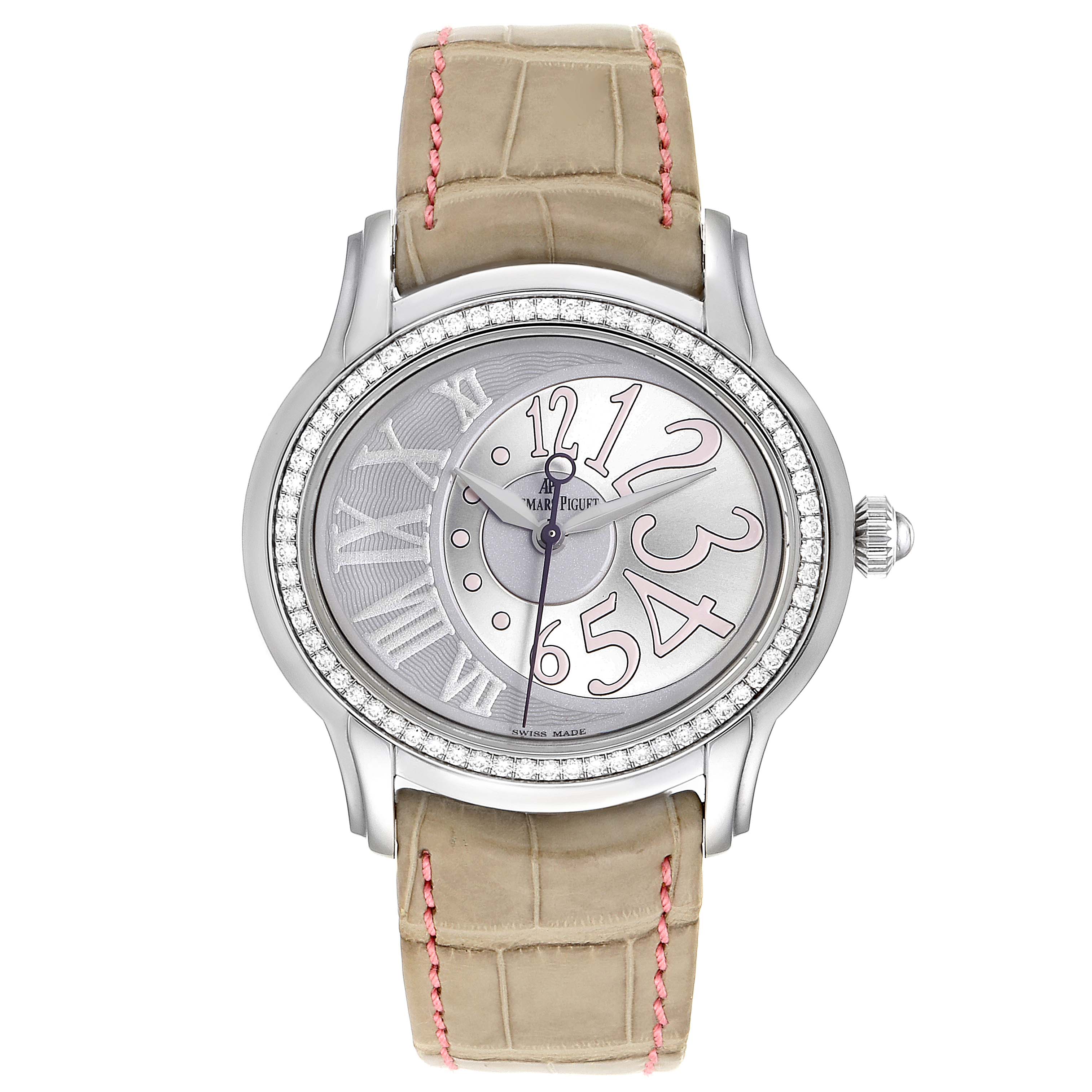 The image shows a front view of an Audemars Piguet Millenary 77301ST.ZZ.D009CR.01 Women's Stainless Steel Silver Dial 77301ST.ZZ.D009CR.01 Women's Stainless Steel Silver Dial watch, displaying its face, bezel, and partial strap.