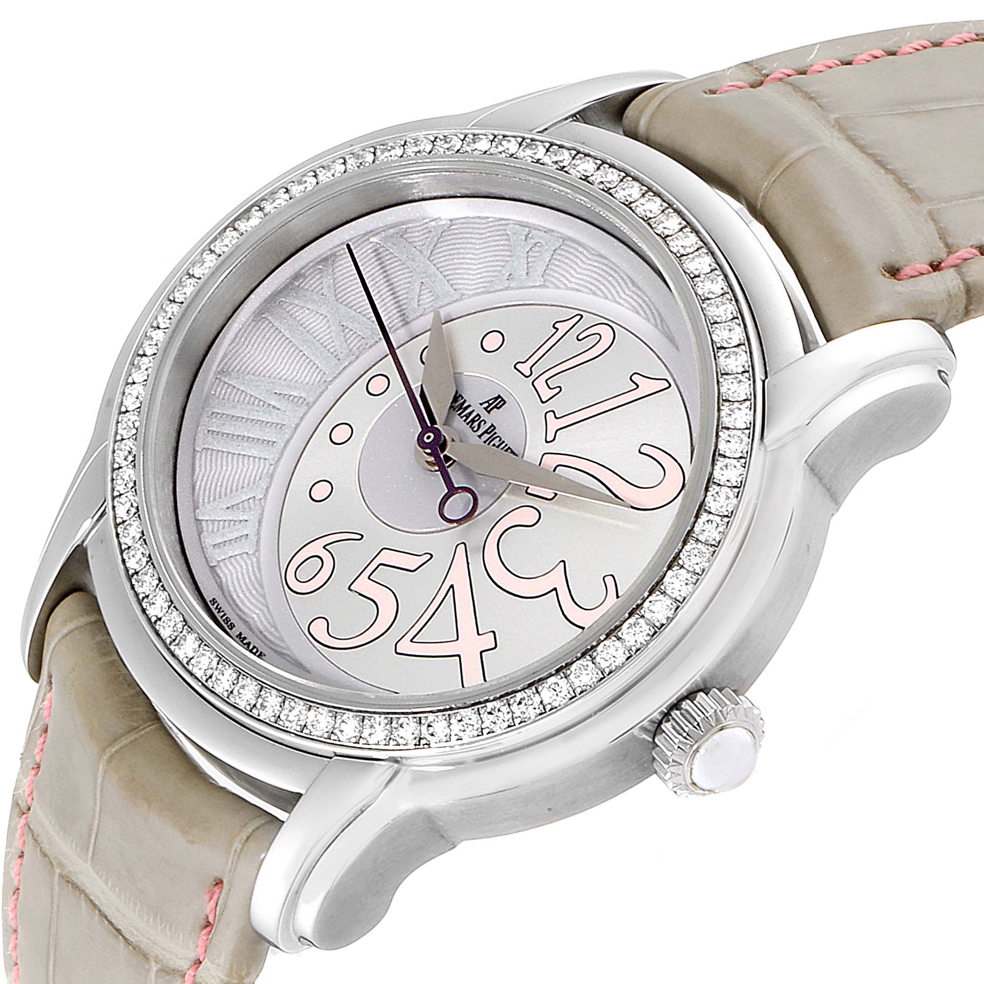The image shows a side angle of the Audemars Piguet Millenary 77301ST.ZZ.D009CR.01 Women's Stainless Steel Silver Dial 77301ST.ZZ.D009CR.01 Women's Stainless Steel Silver Dial watch, highlighting the bezel, dial, crown, and part of the strap.