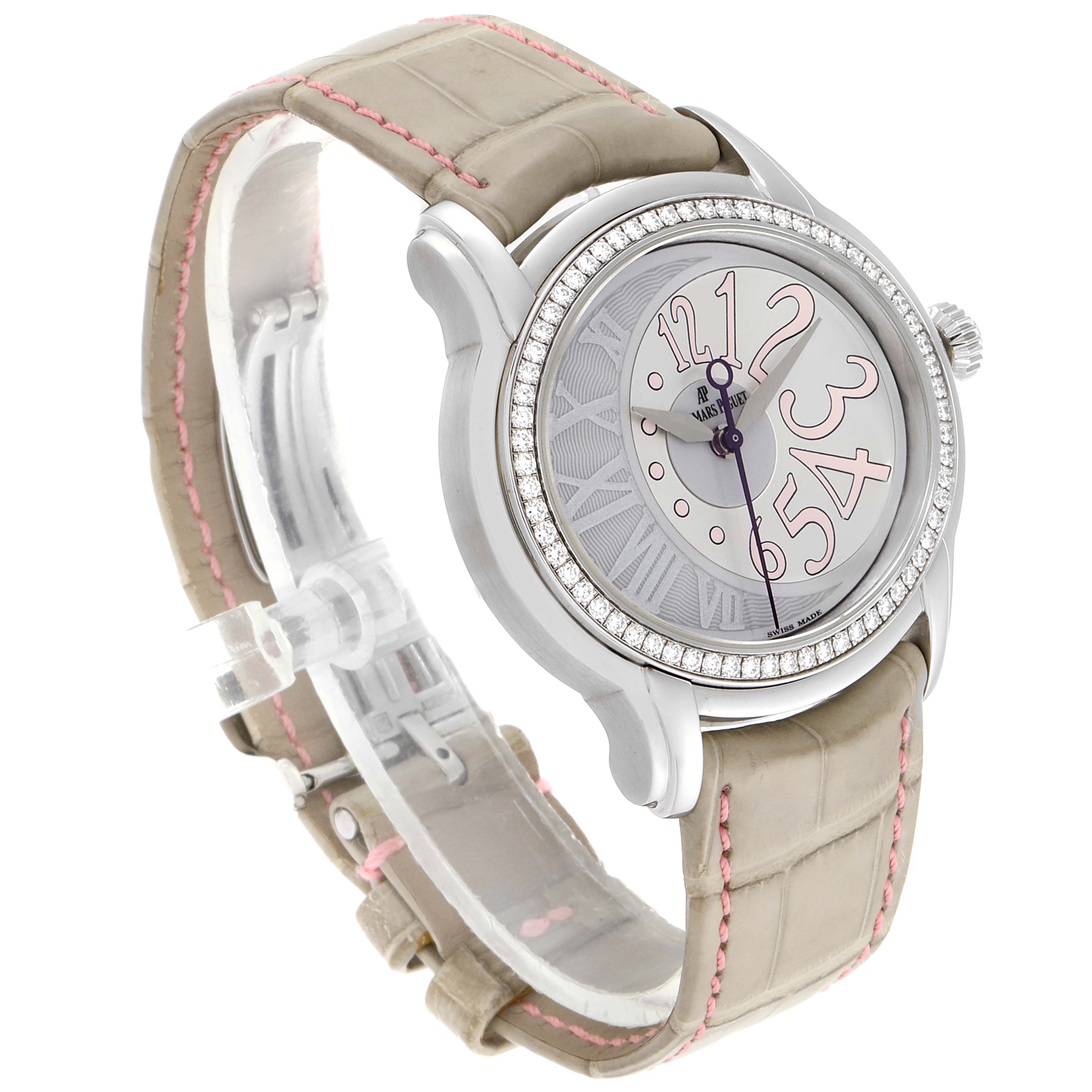 The Audemars Piguet Millenary 77301ST.ZZ.D009CR.01 Women's Stainless Steel Silver Dial 77301ST.ZZ.D009CR.01 Women's Stainless Steel Silver Dial watch is shown at an angle displaying the face, bezel, and beige leather strap with pink stitching.