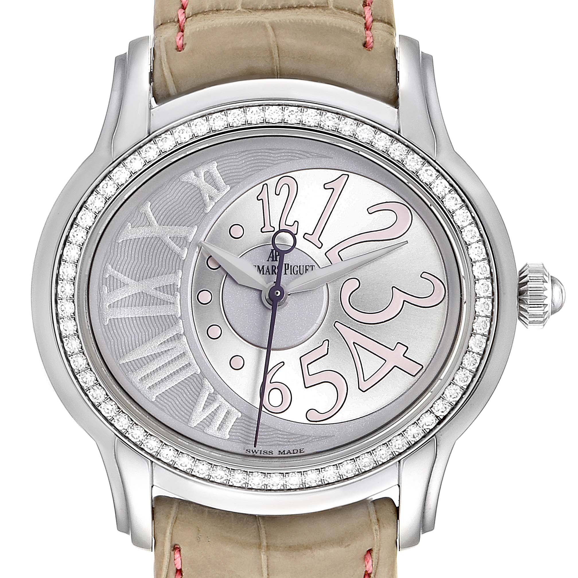 The image shows a frontal view of the Audemars Piguet Millenary 77301ST.ZZ.D009CR.01 Women's Stainless Steel Silver Dial 77301ST.ZZ.D009CR.01 Women's Stainless Steel Silver Dial model watch with a diamond bezel and leather strap.