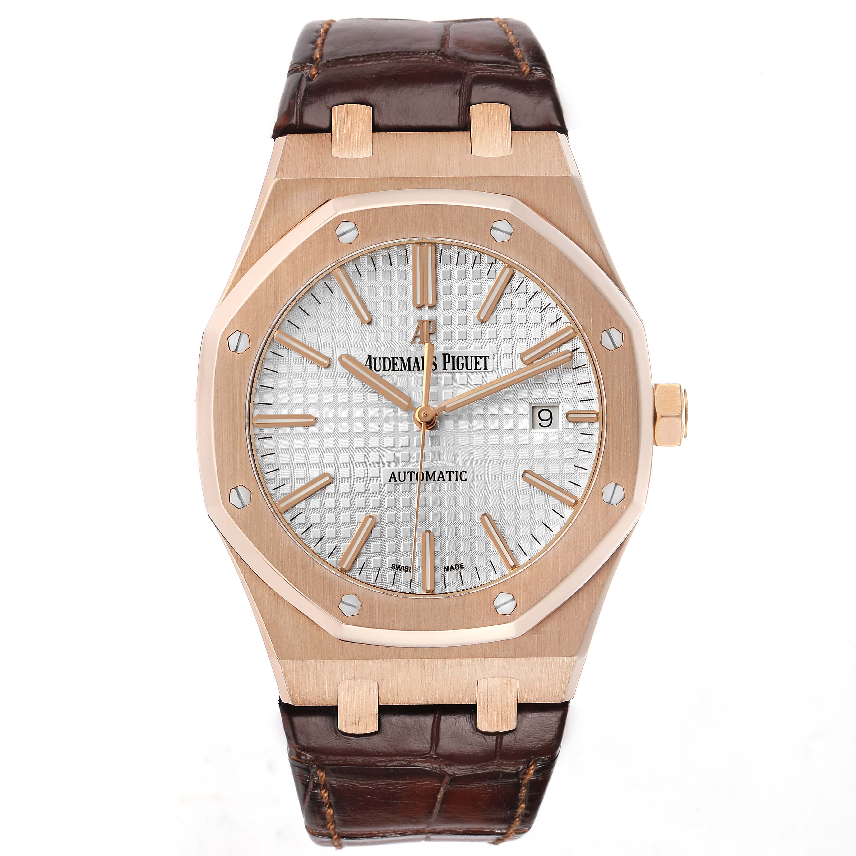The Audemars Piguet Royal Oak 15400OR Men's Rose Gold Silver Dial watch is shown from the front, displaying its dial, bezel, and brown leather strap.