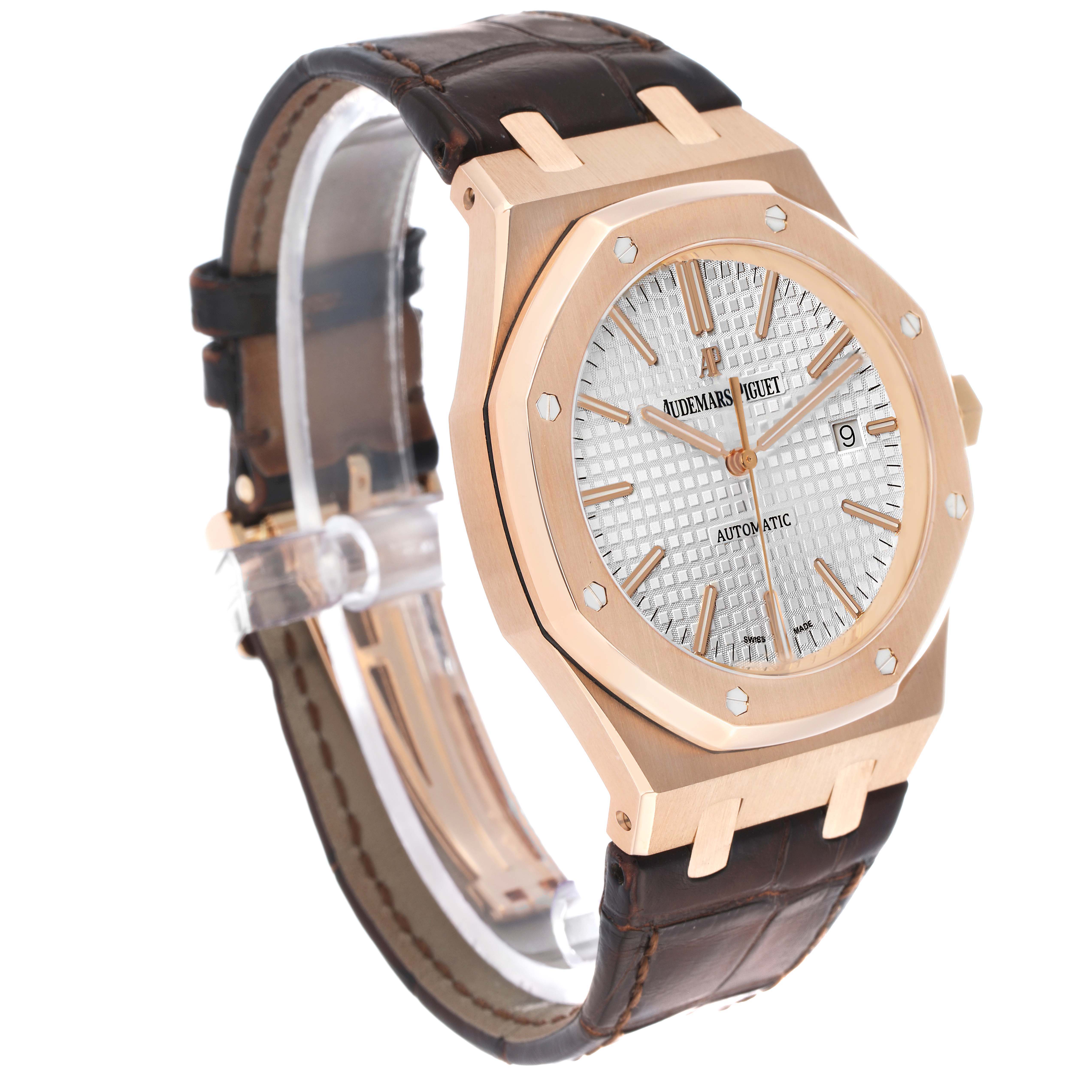 The Audemars Piguet Royal Oak 15400OR Men's Rose Gold Silver Dial watch is shown at a three-quarter angle, highlighting the dial, bezel, and leather strap.