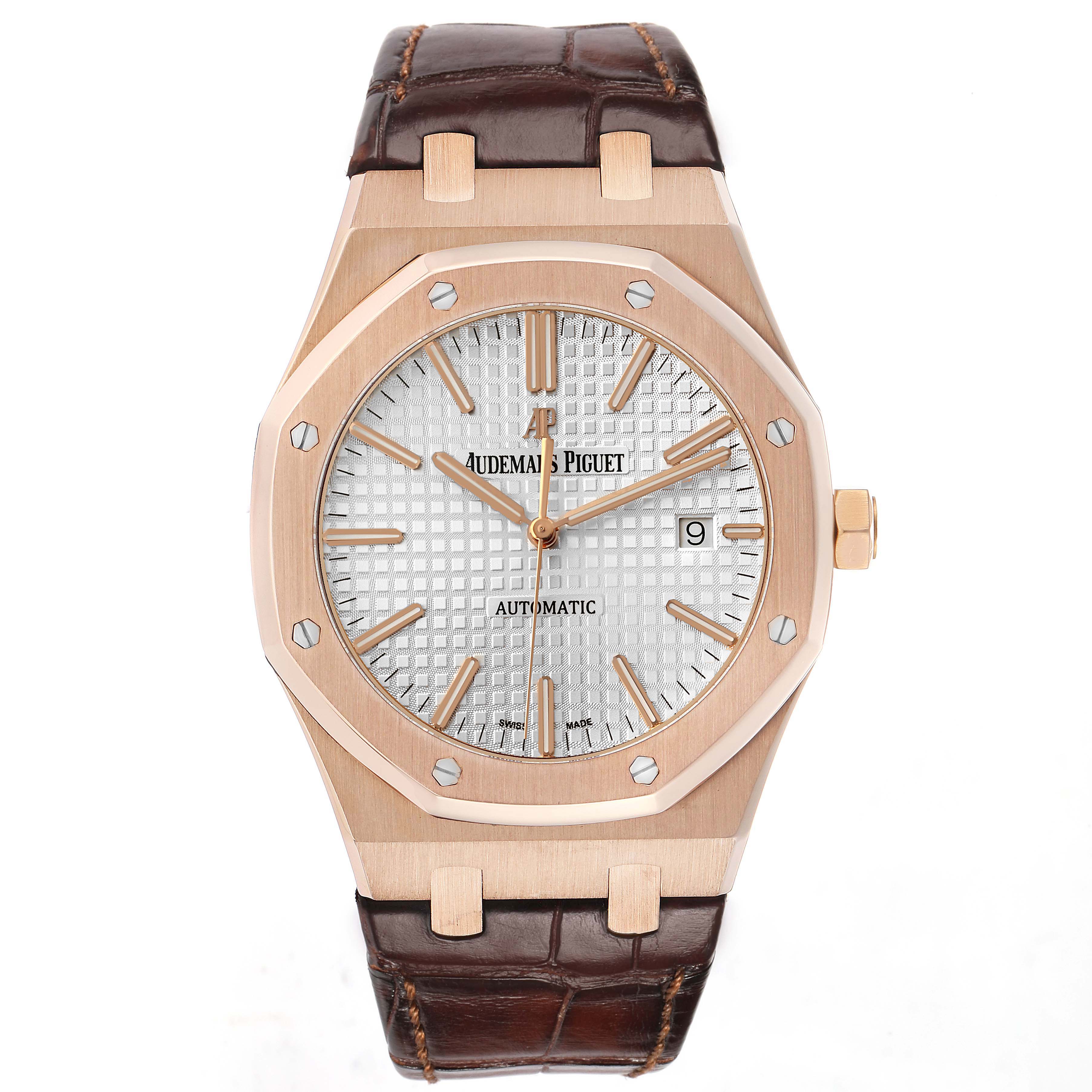 The Audemars Piguet Royal Oak 15400OR Men's Rose Gold Silver Dial watch is shown from a front angle, displaying its dial, bezel, and strap.