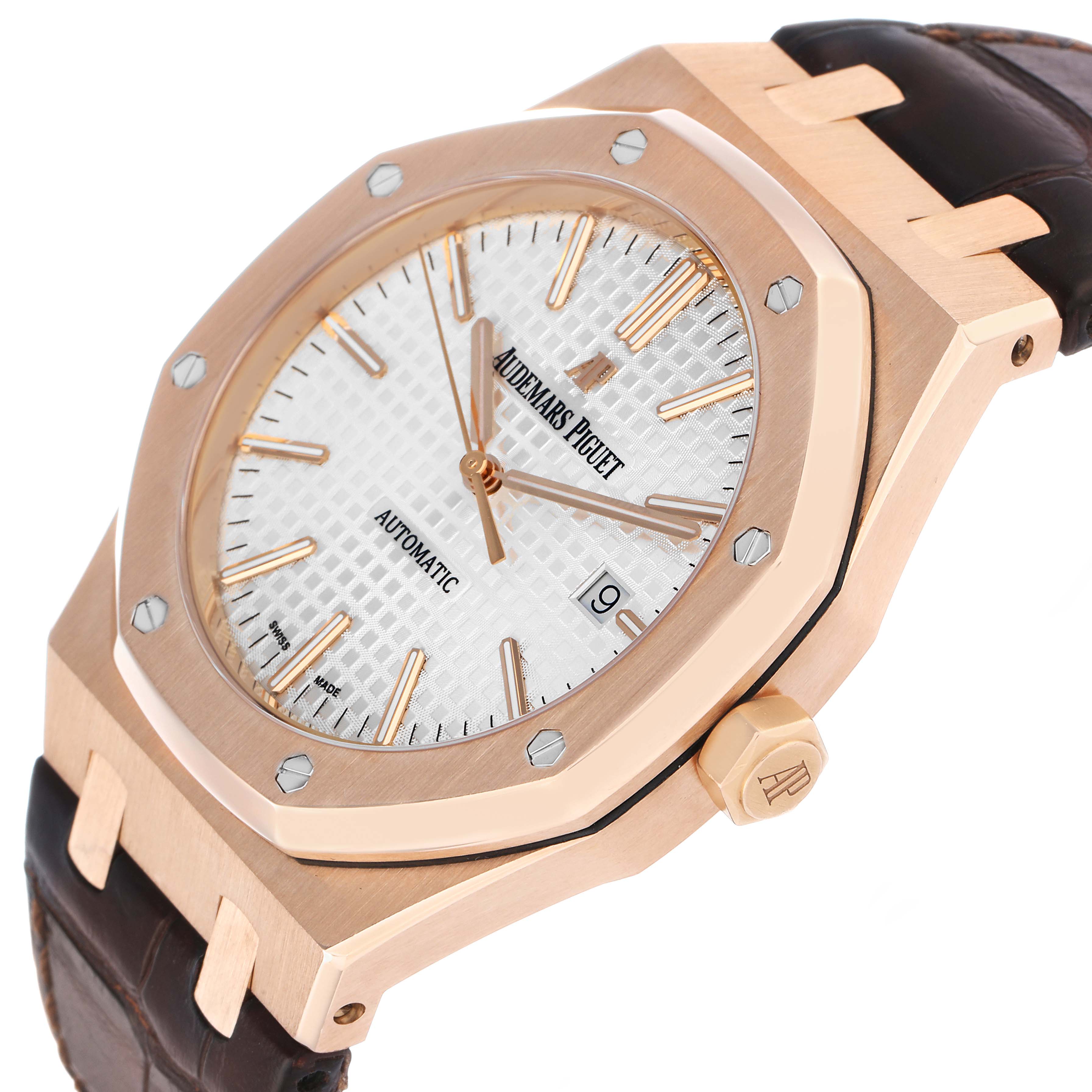The image shows a close-up angle of the Audemars Piguet Royal Oak 15400OR Men's Rose Gold Silver Dial, highlighting the bezel, dial, crown, and strap.