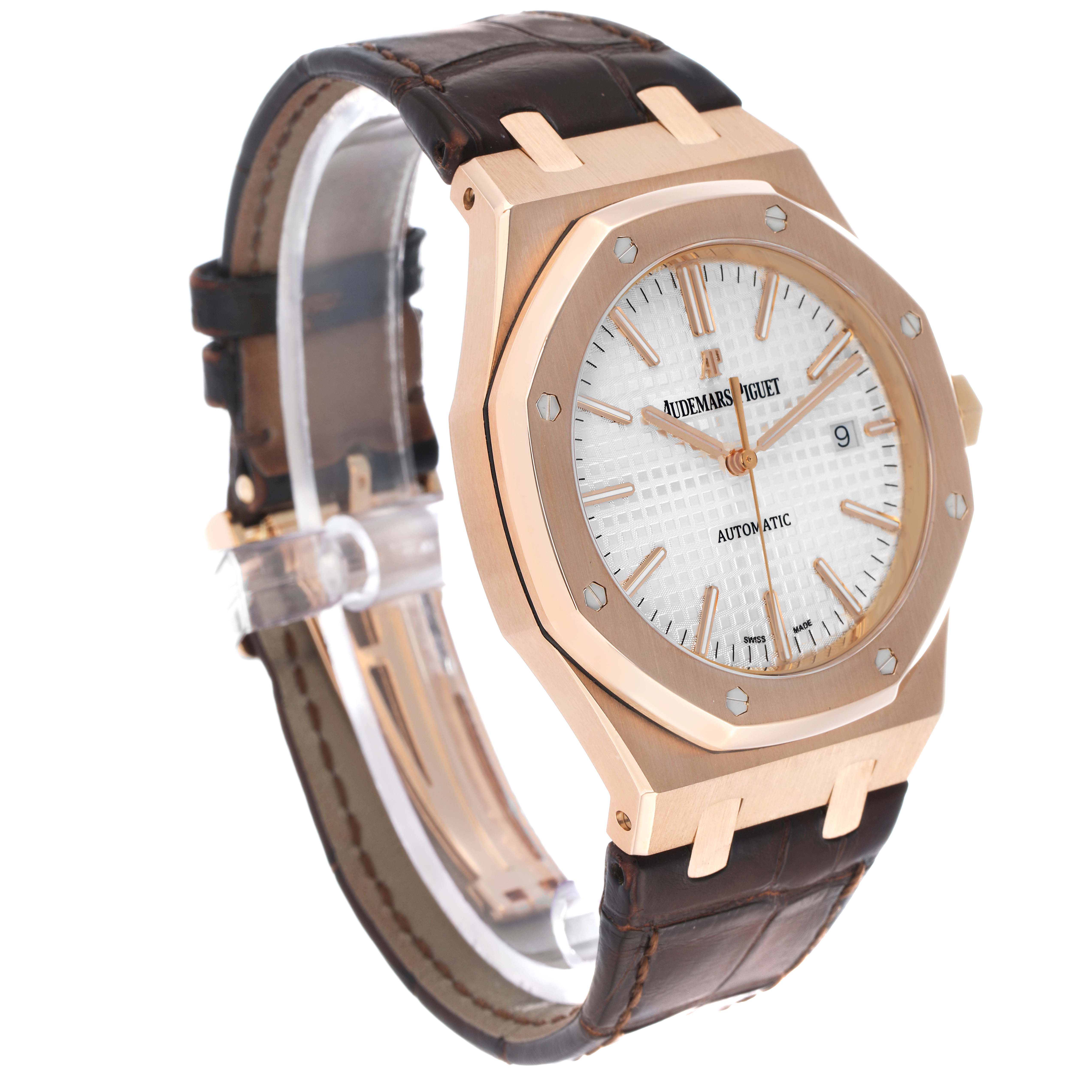 The Audemars Piguet Royal Oak 15400OR Men's Rose Gold Silver Dial watch is shown at a slight side angle, highlighting the case, bezel, dial, and strap.